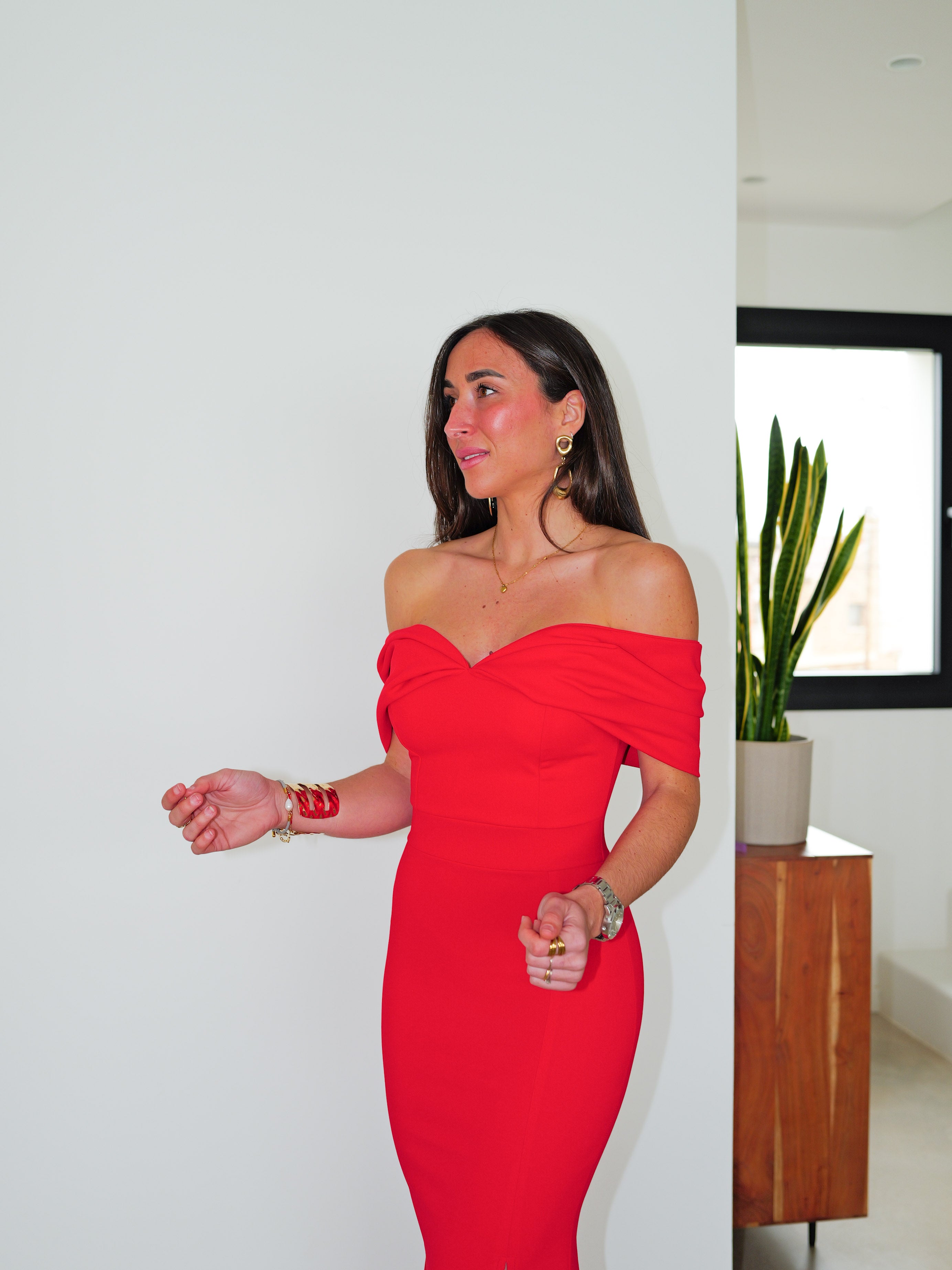 Abito bardot rosso effetto fiocco