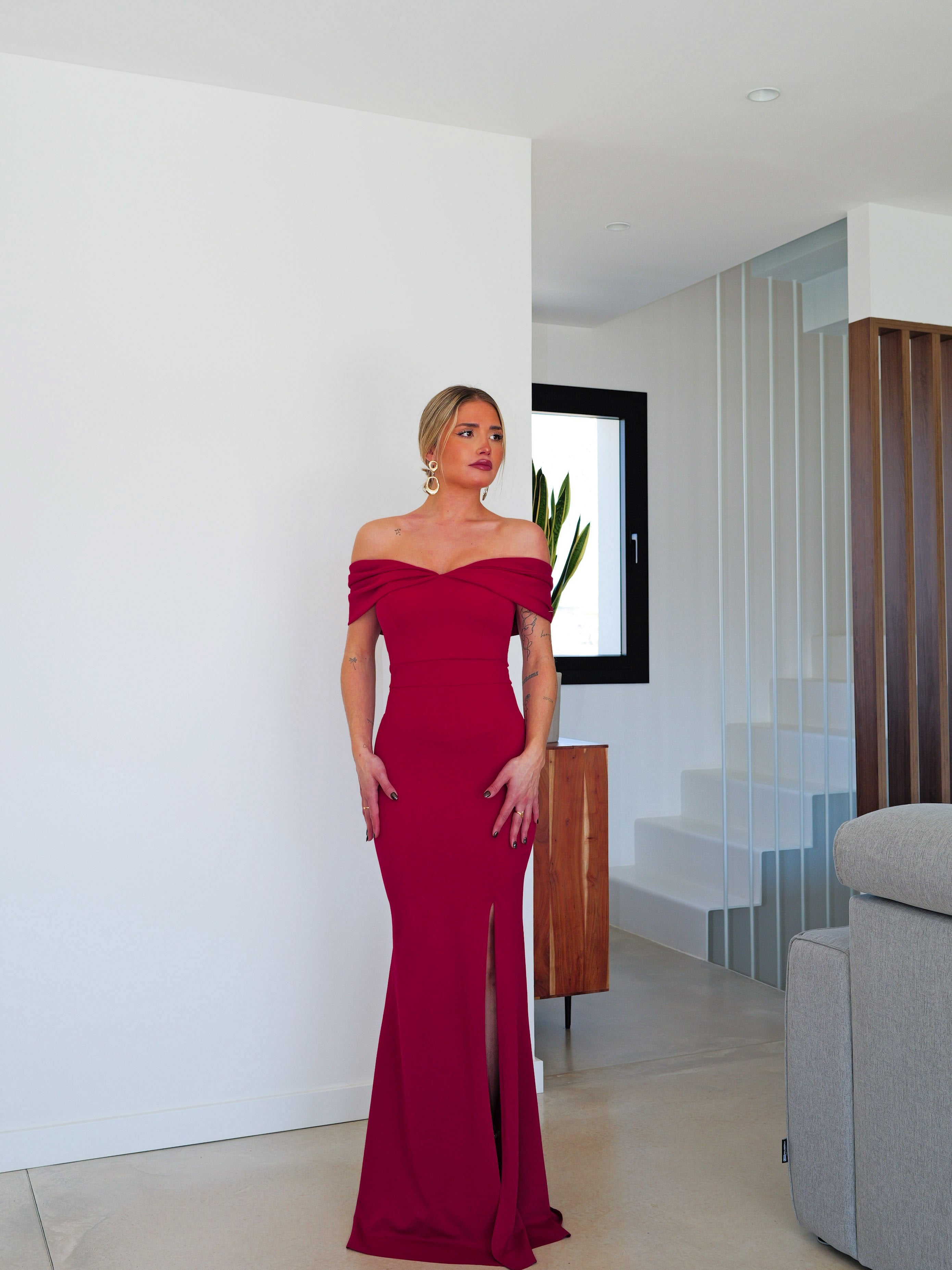 Abito bardot effetto fiocco bordeaux