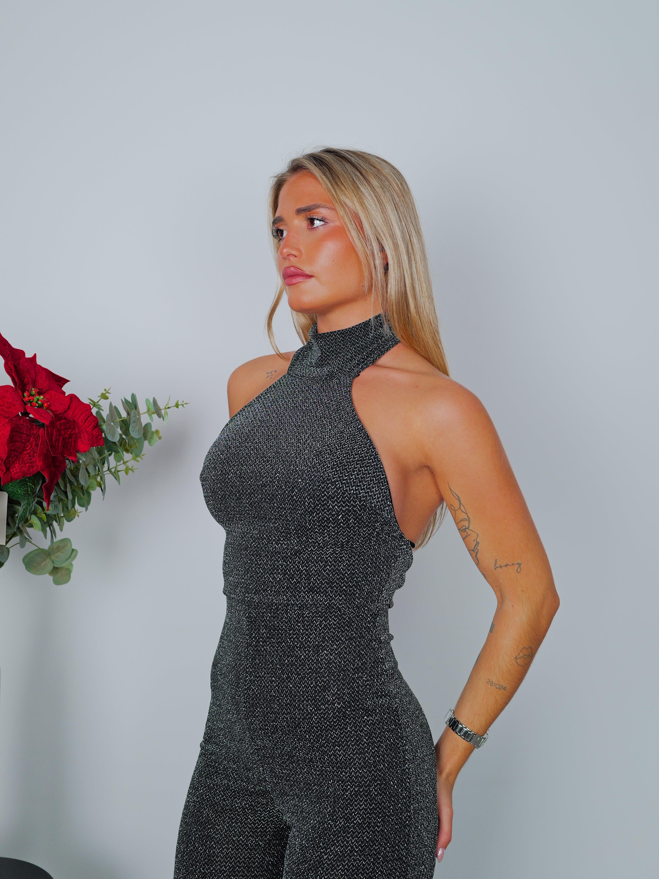 Tuta lurex con collo a farfalla argento