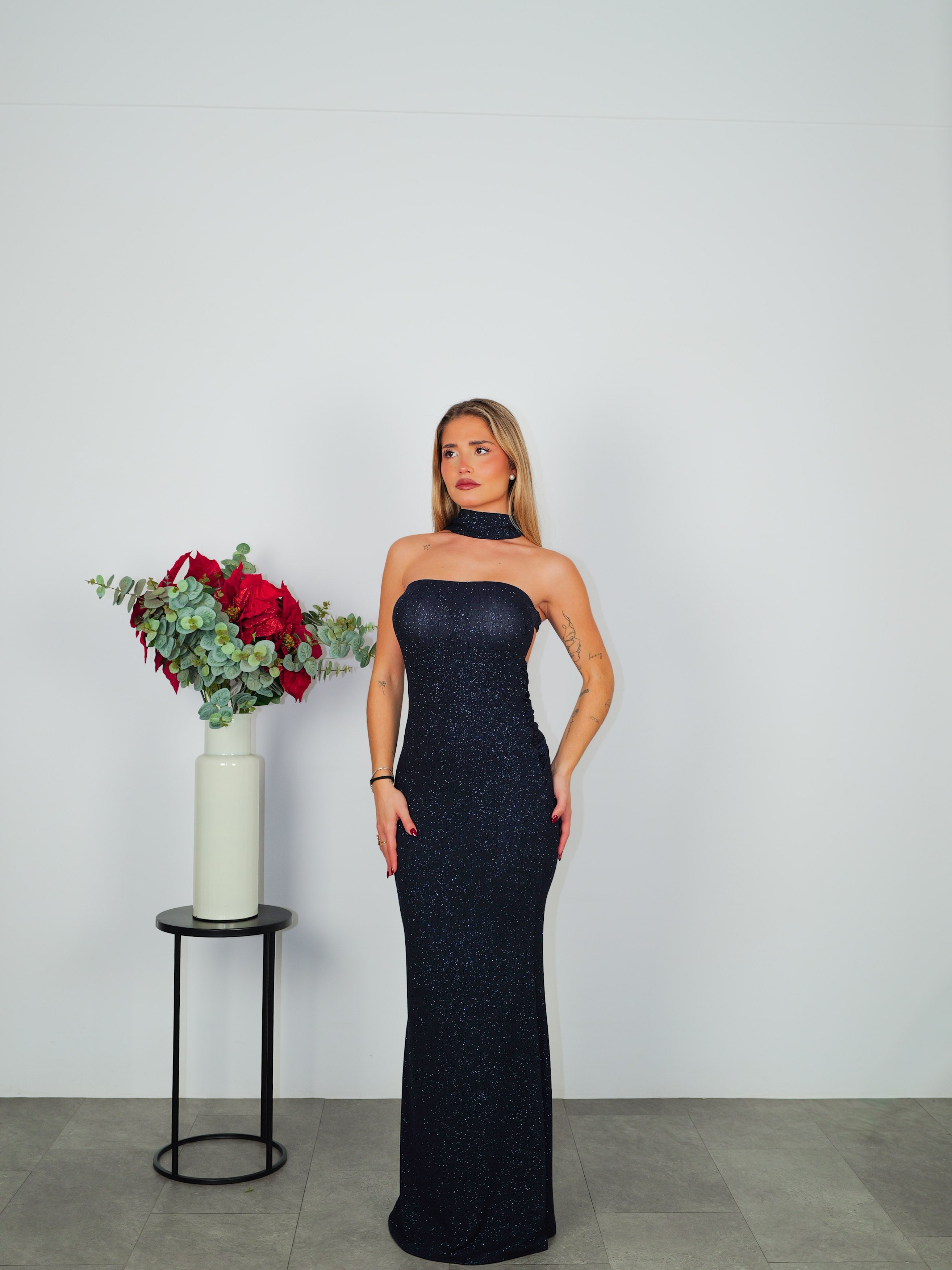 Abito con scollo a cuore in lurex blu navy