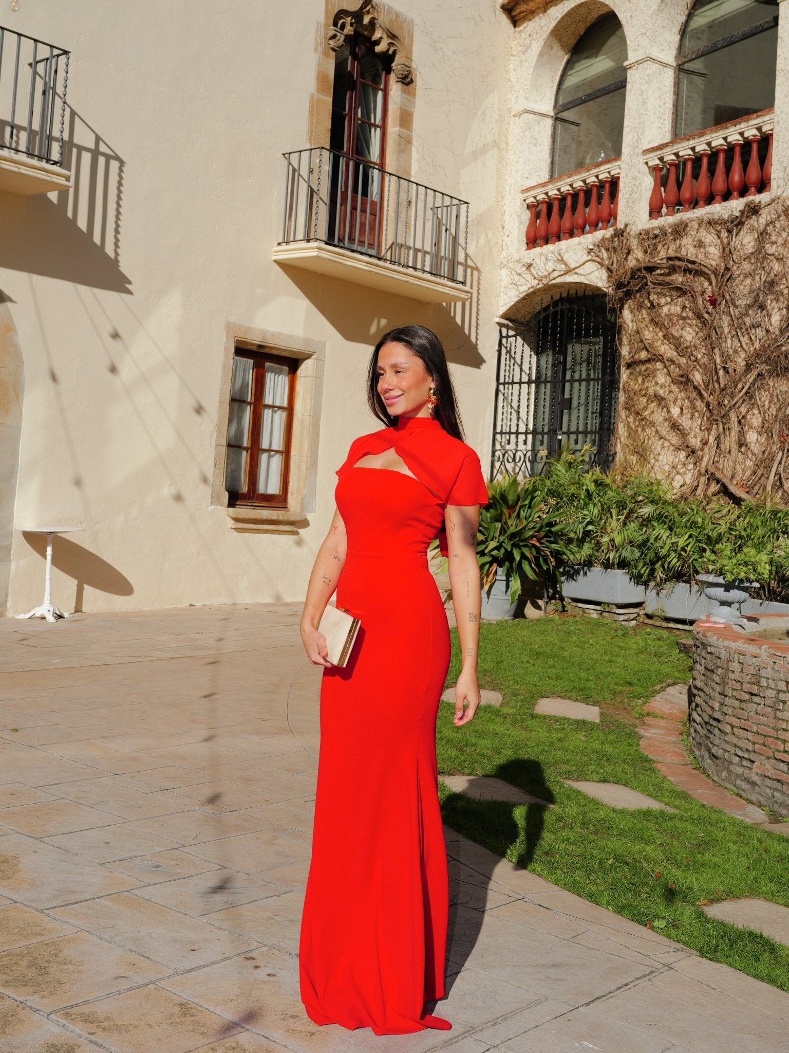 Abito a sirena con maniche in tulle rosso - SORELLAS