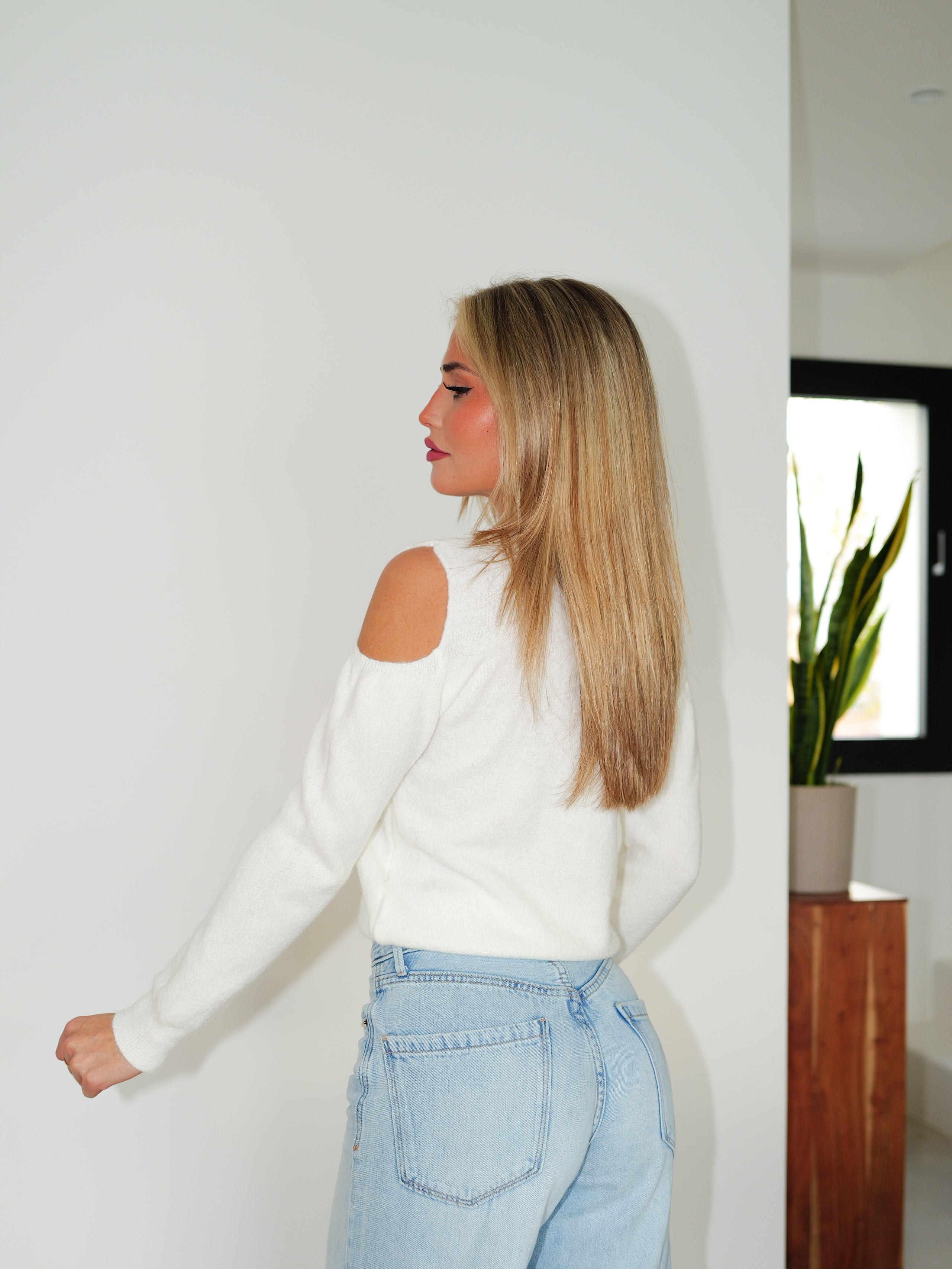 Maglione girocollo spalle bianco