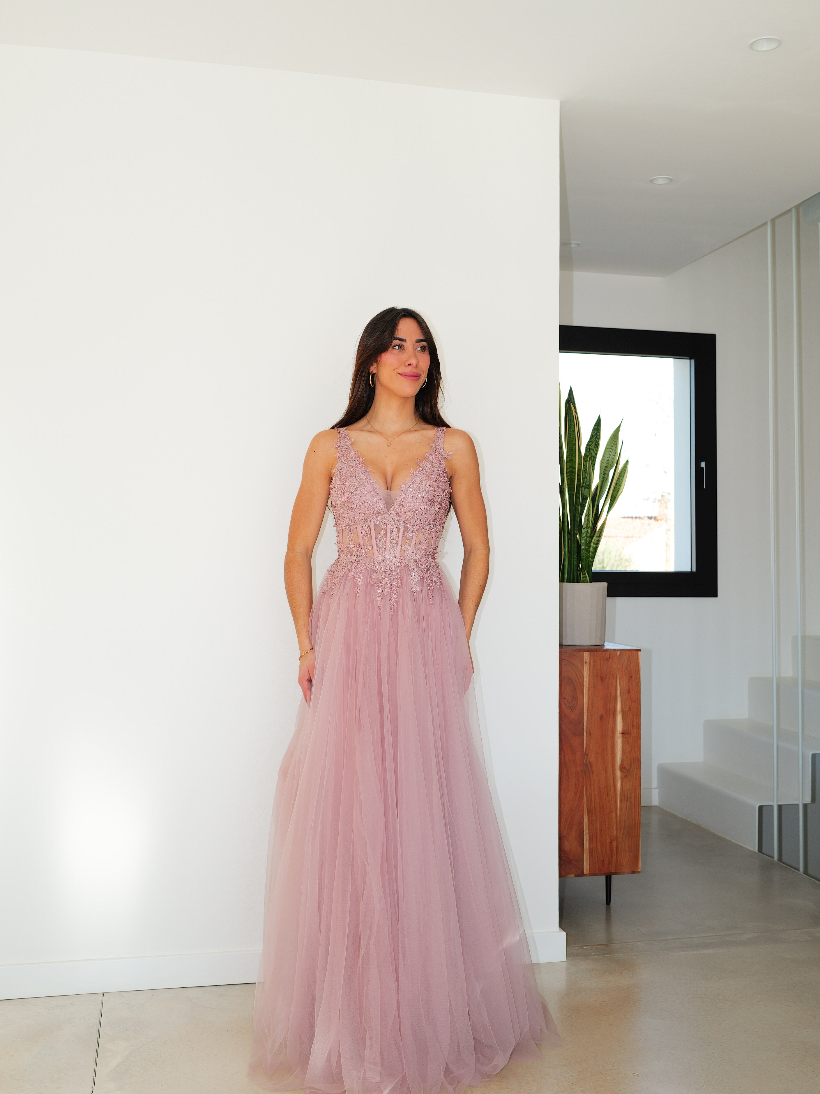 Abito corsetto in tulle con scollo a V, rosa