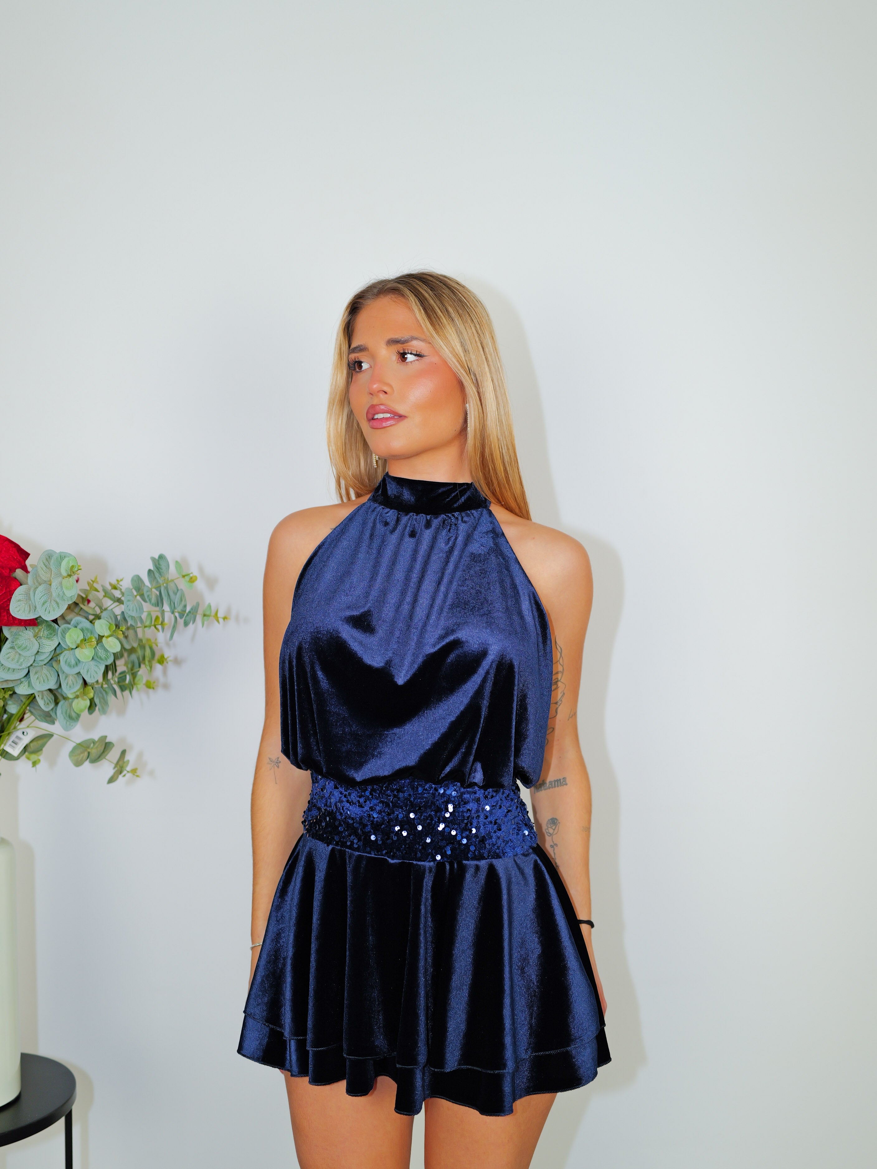 Tuta mini in velluto glitterato navy