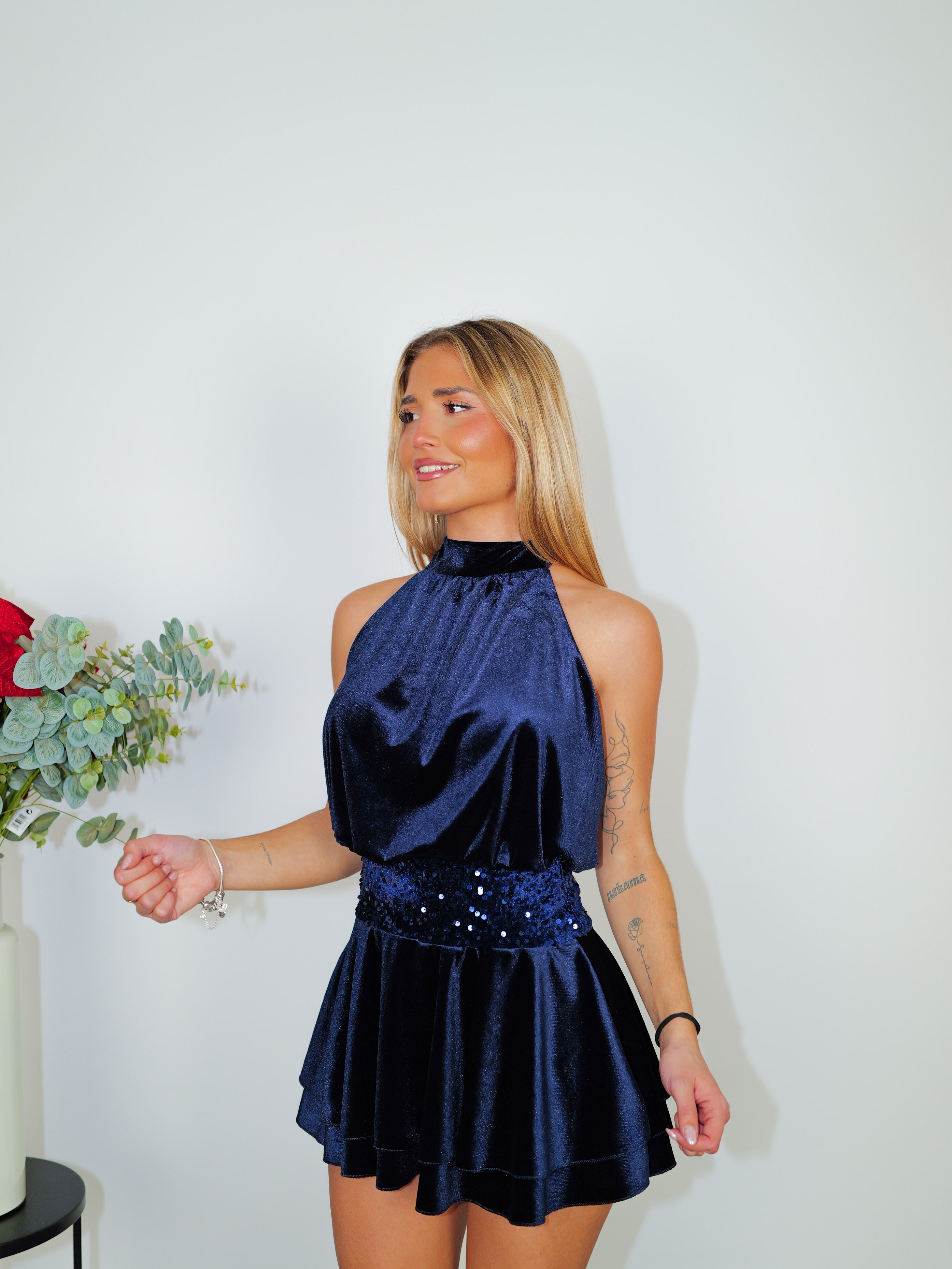 Tuta mini in velluto glitterato navy