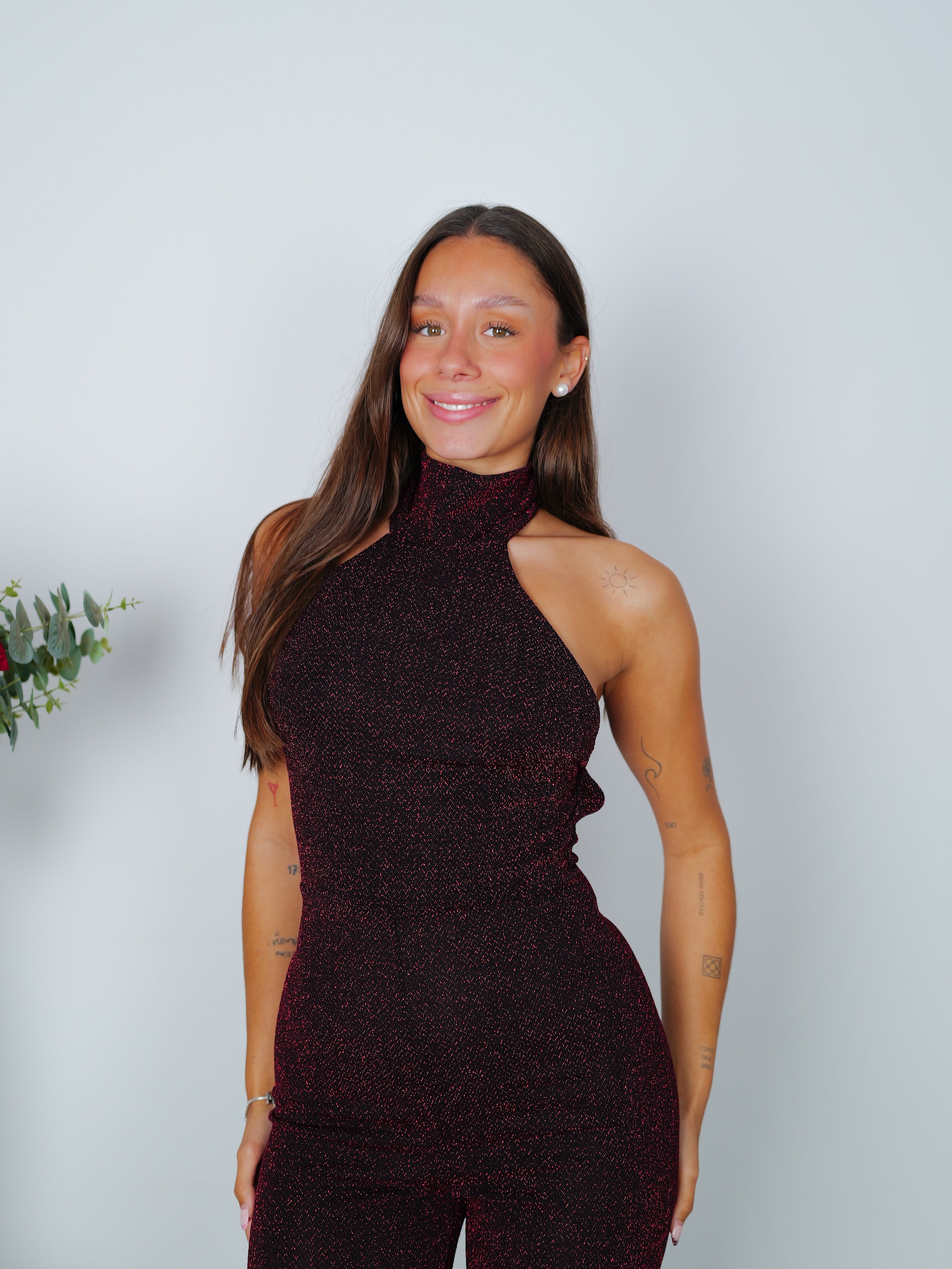 Tuta lurex collo alto bordeaux