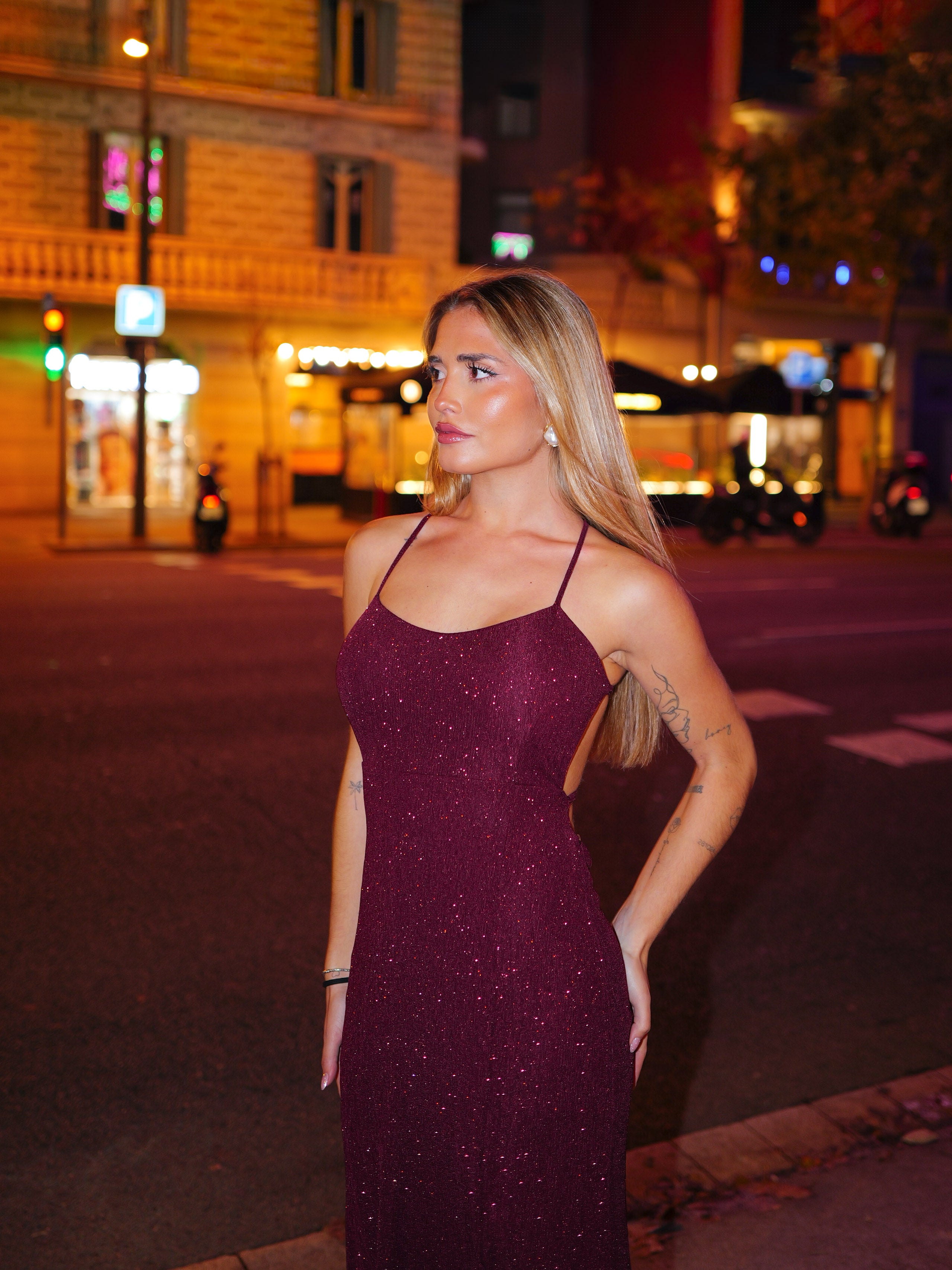 Abito lungo lurex bordeaux con spalline