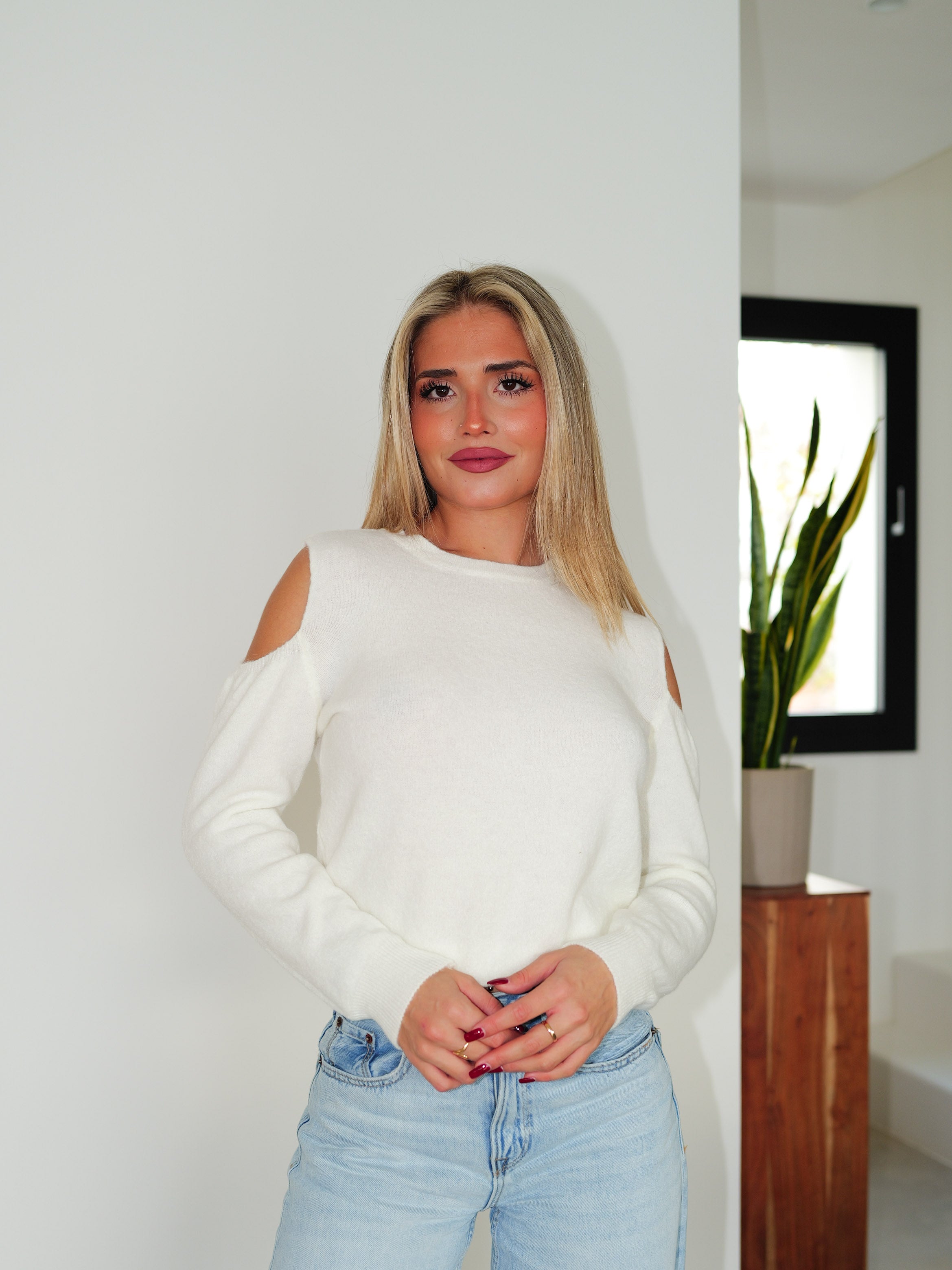 Maglione girocollo spalle bianco