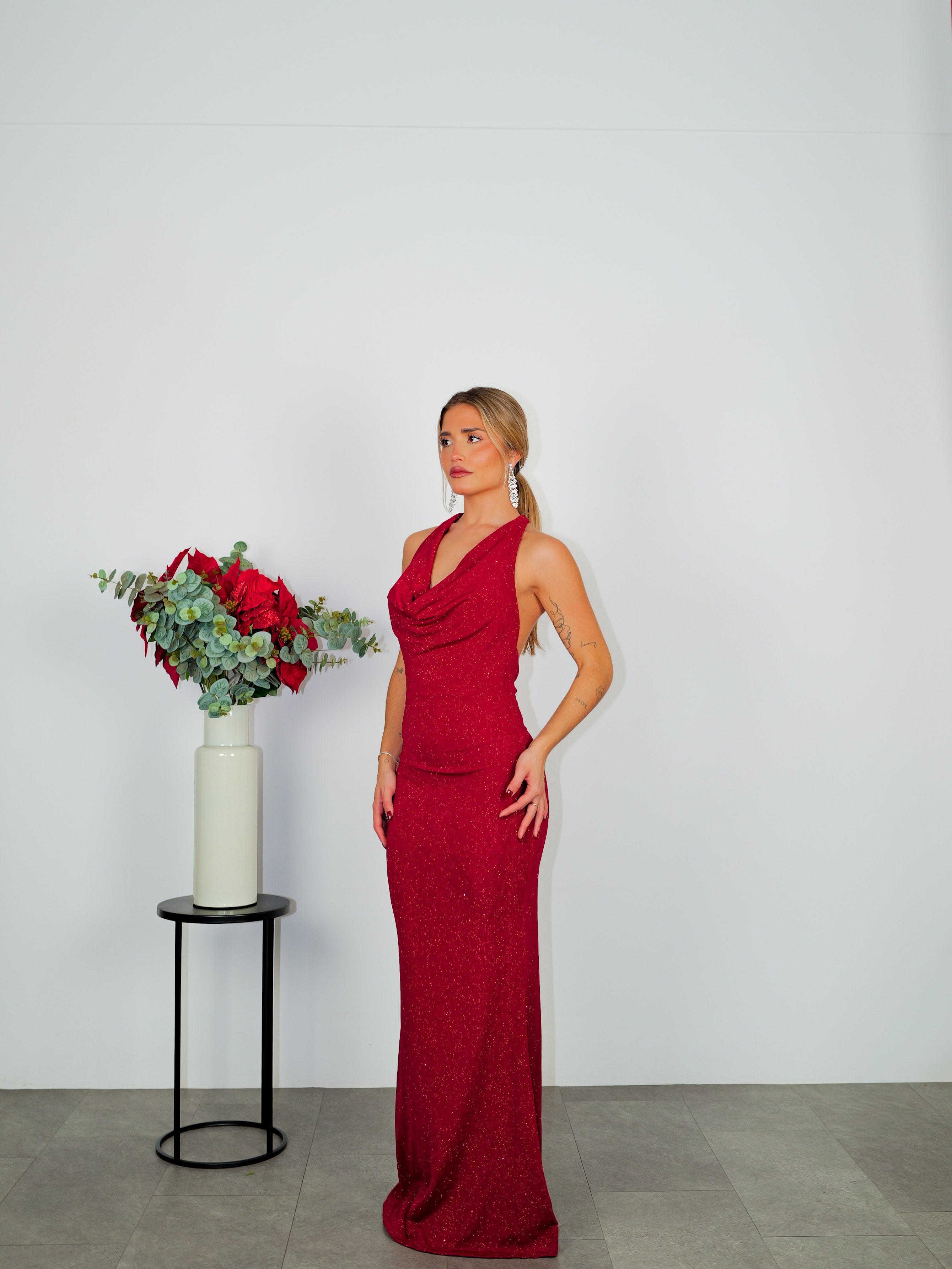 Abito lungo lurex cascata bordeaux