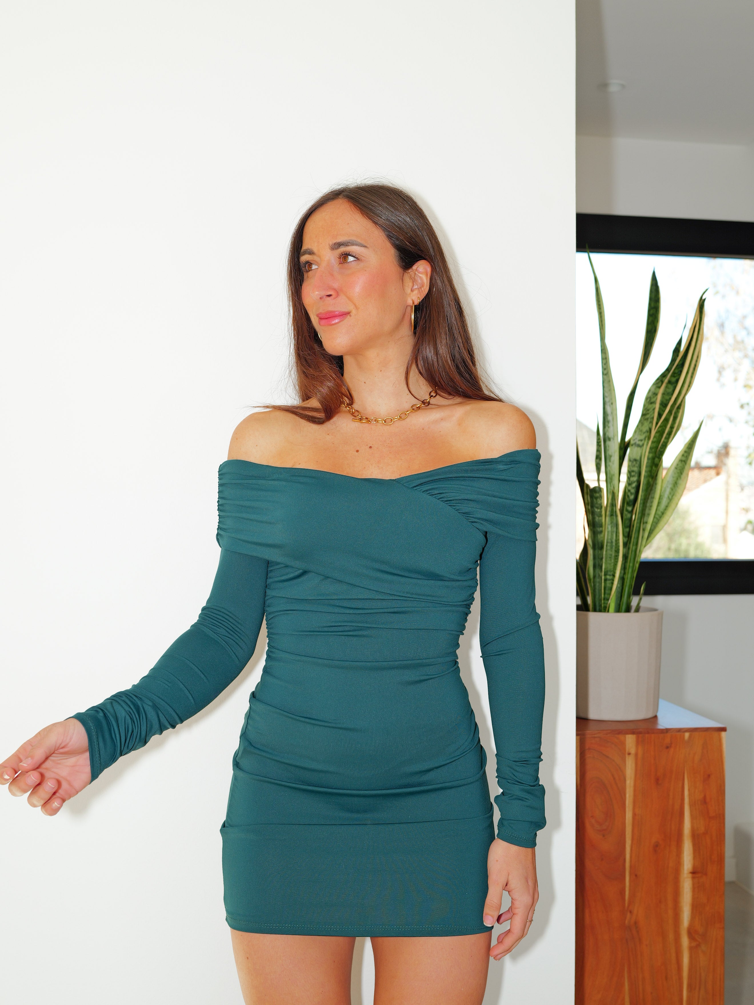 Abito bardot a pieghe in bottiglia