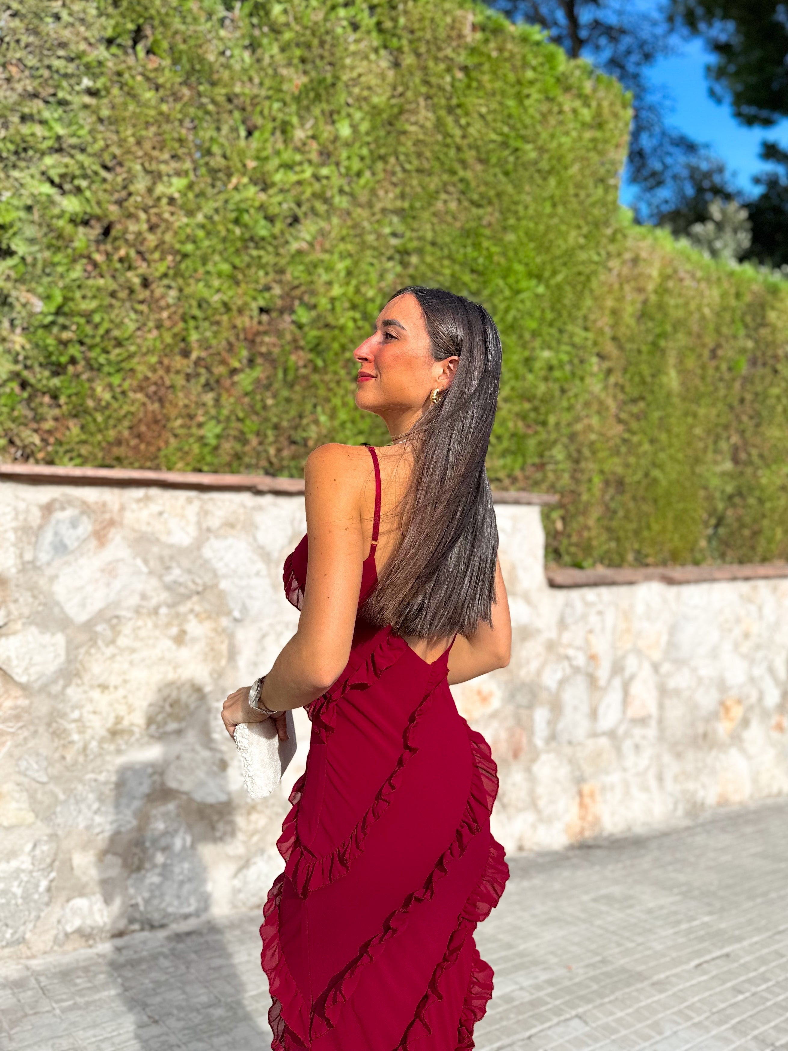 Abito a balze in crêpe bordeaux