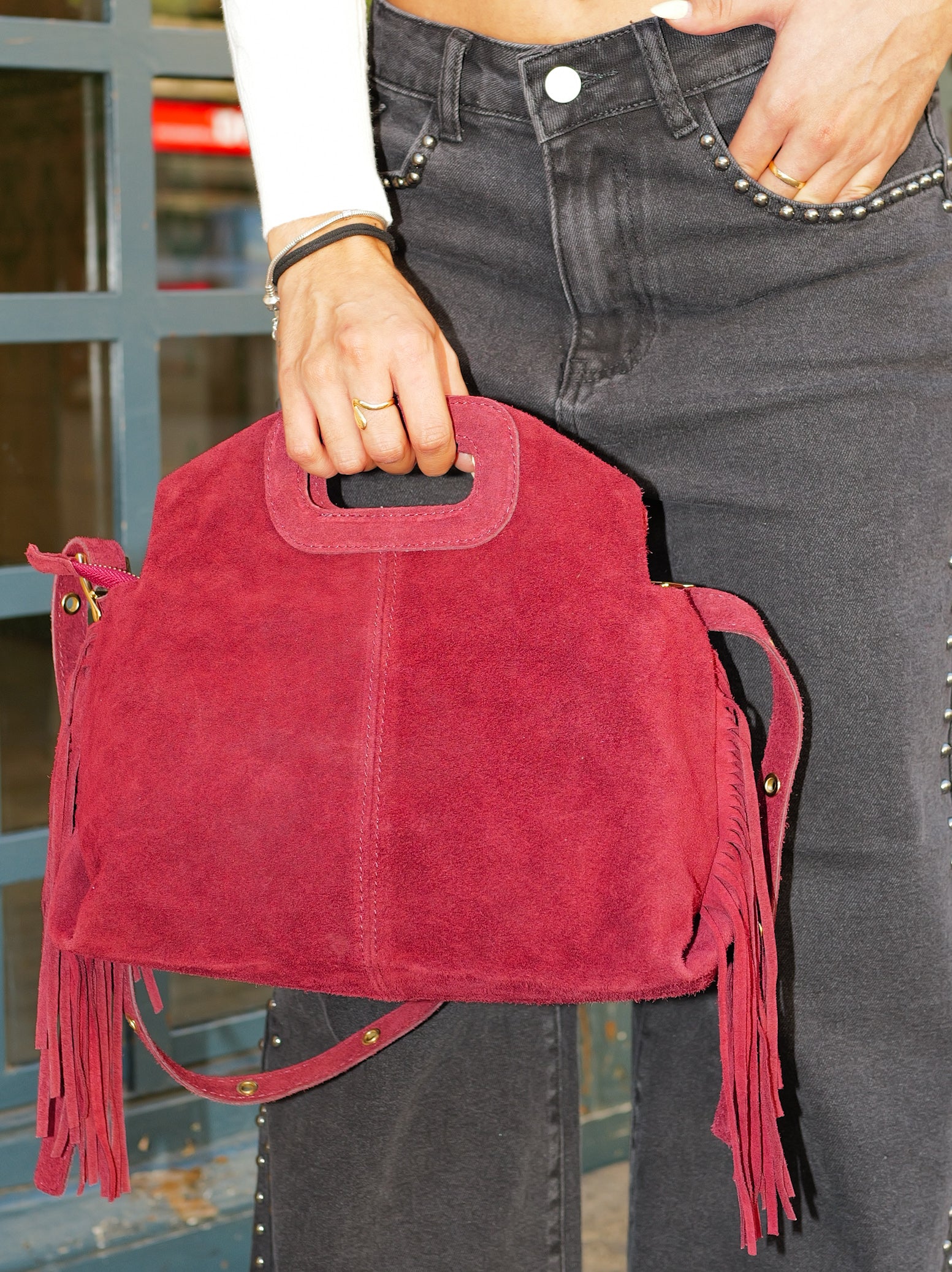 Borsa in pelle liscia bordeaux con frange