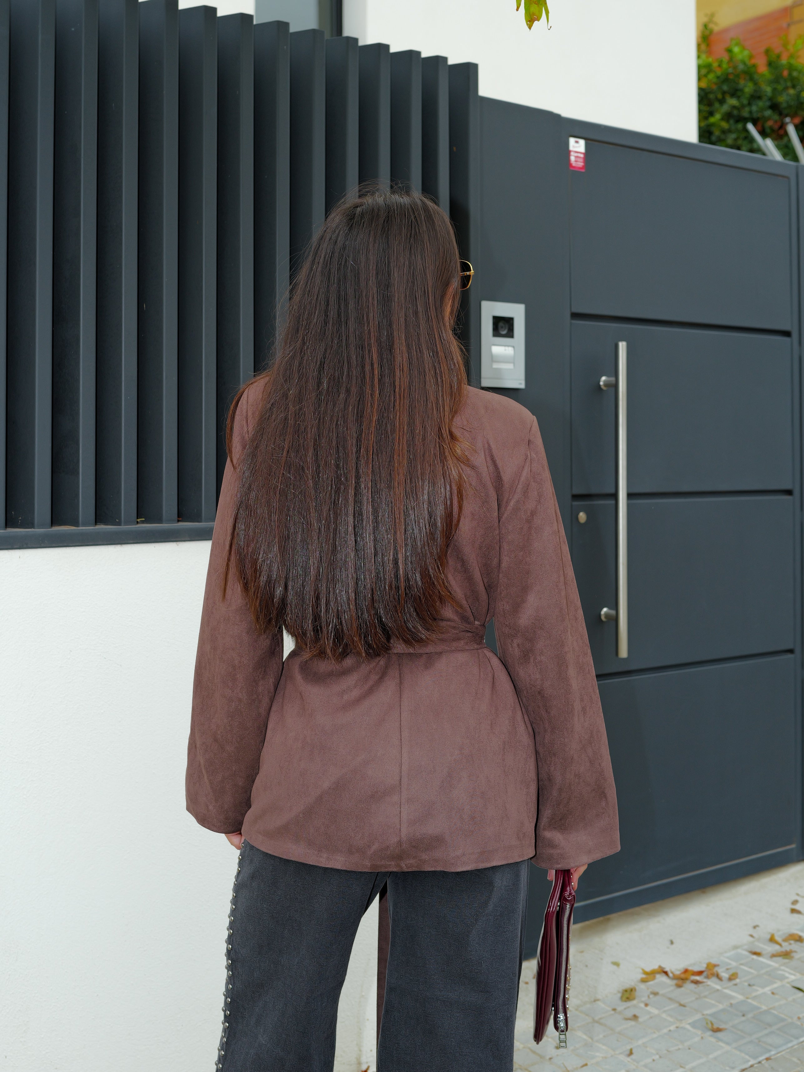 Blazer in pelle scamosciata color cioccolato