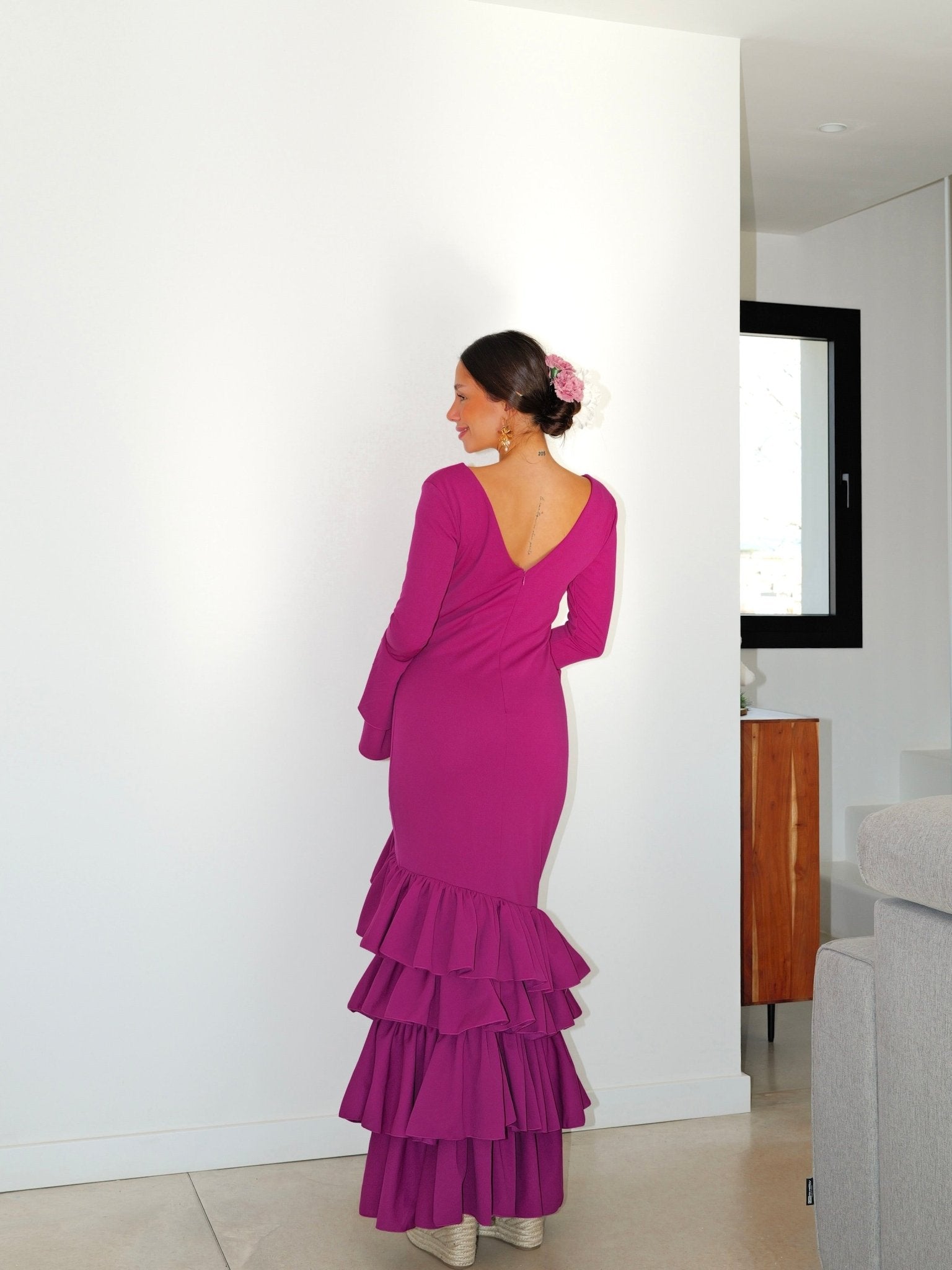 Abito flamenco asimmetrico con volant color ciliegia - Sorellas The Brand Barcelona S.L