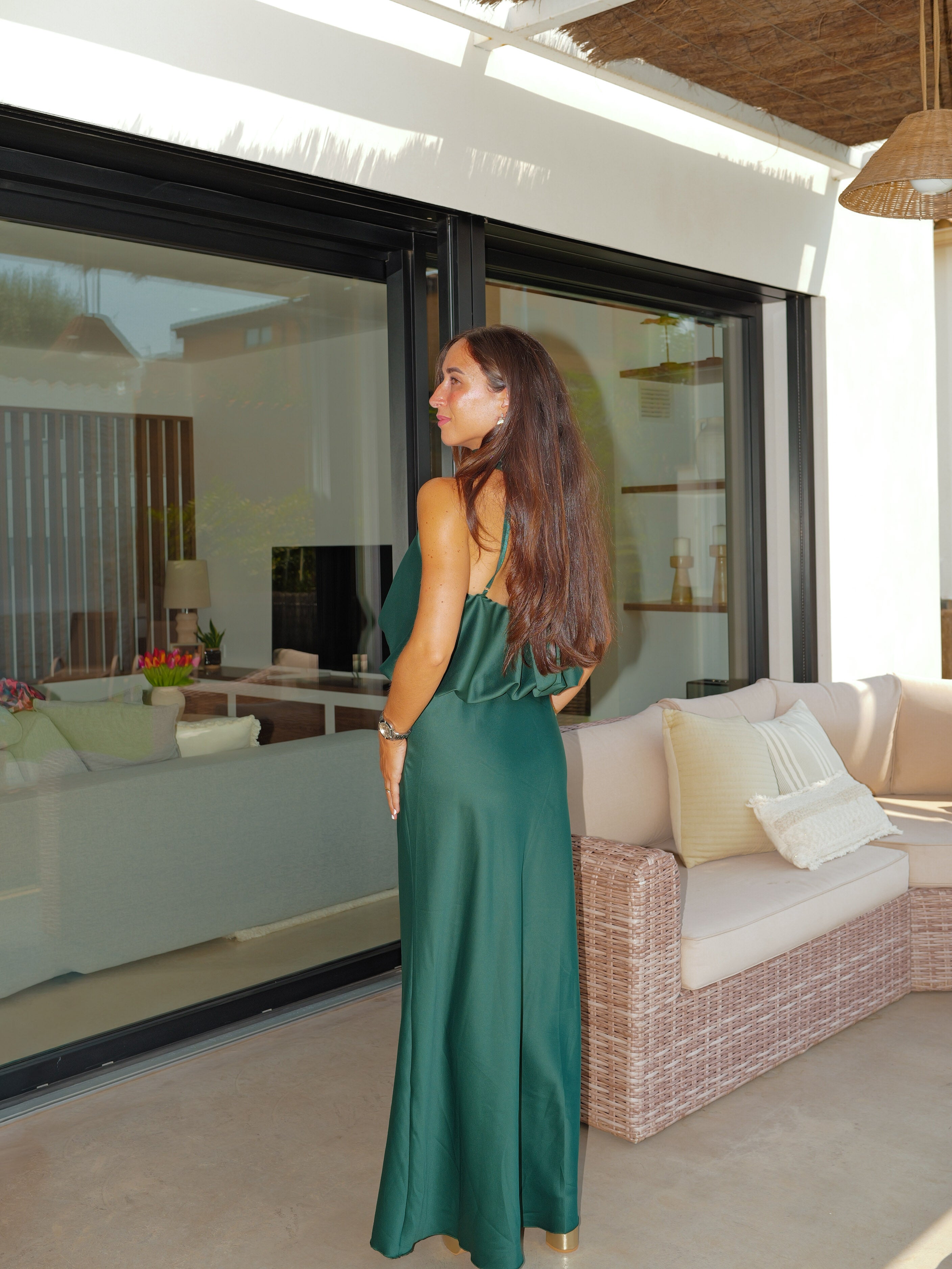 Vestido largo halter raso abullonado botella