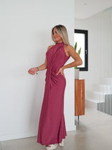 Vestido lurex halter ovalo burdeos