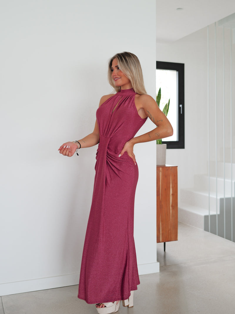 Vestido lurex halter ovalo burdeos