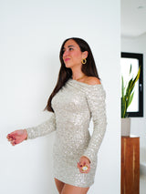 Vestido mini asimetrico glitter beige