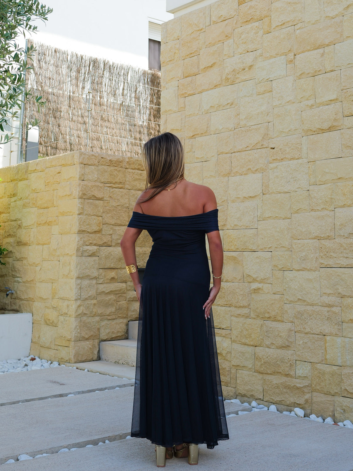 Abito midi svasato in tulle blu marino