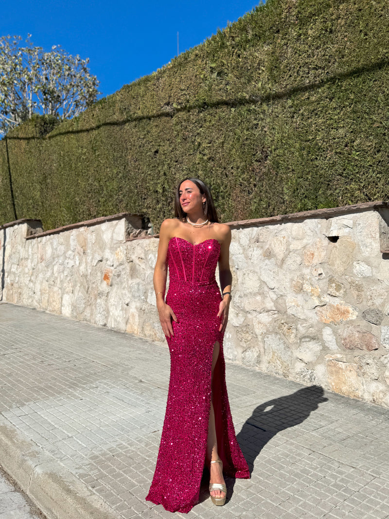 Vestido corse sirena glitter fucsia