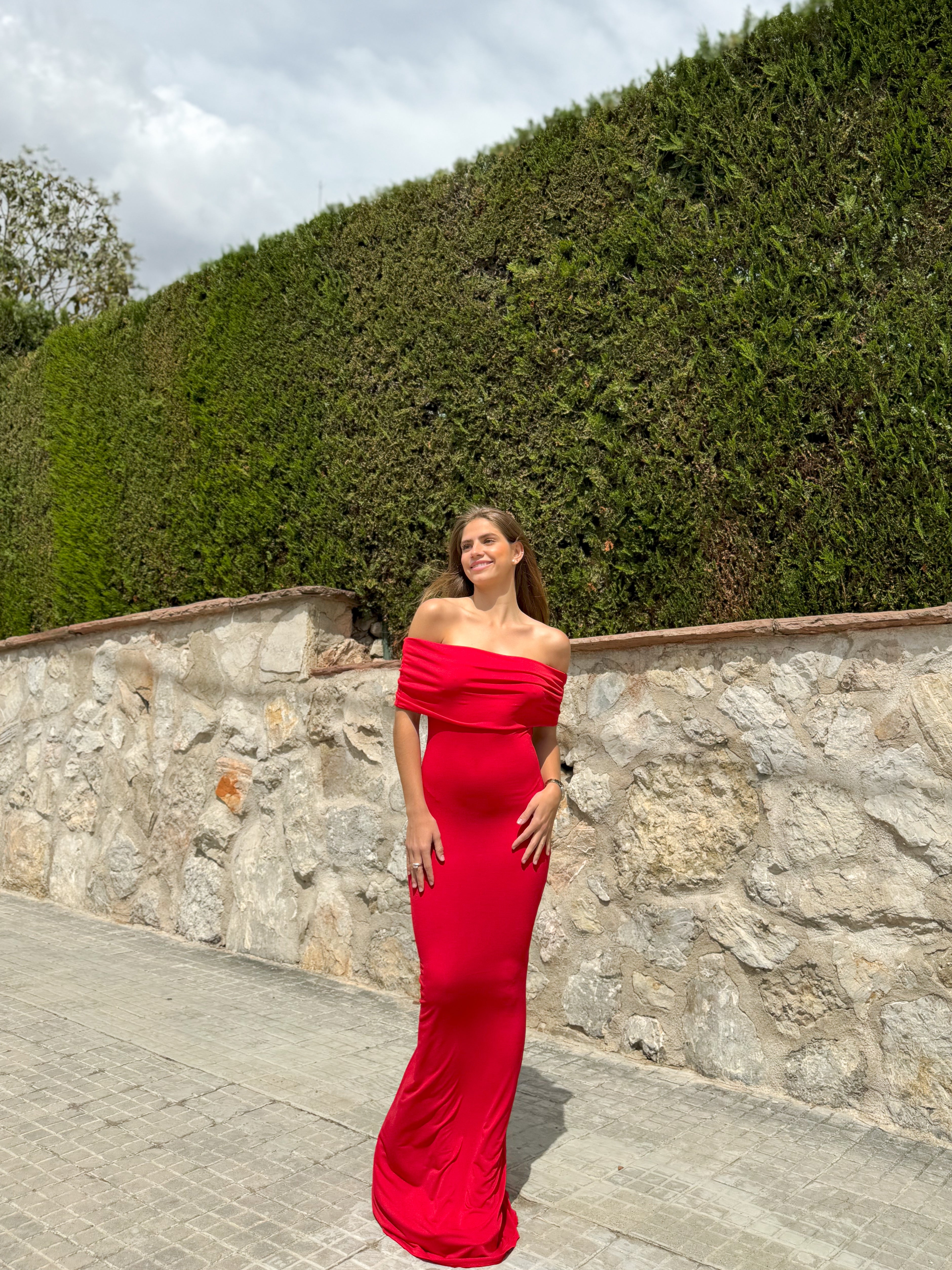 Vestido bardot espalda rojo