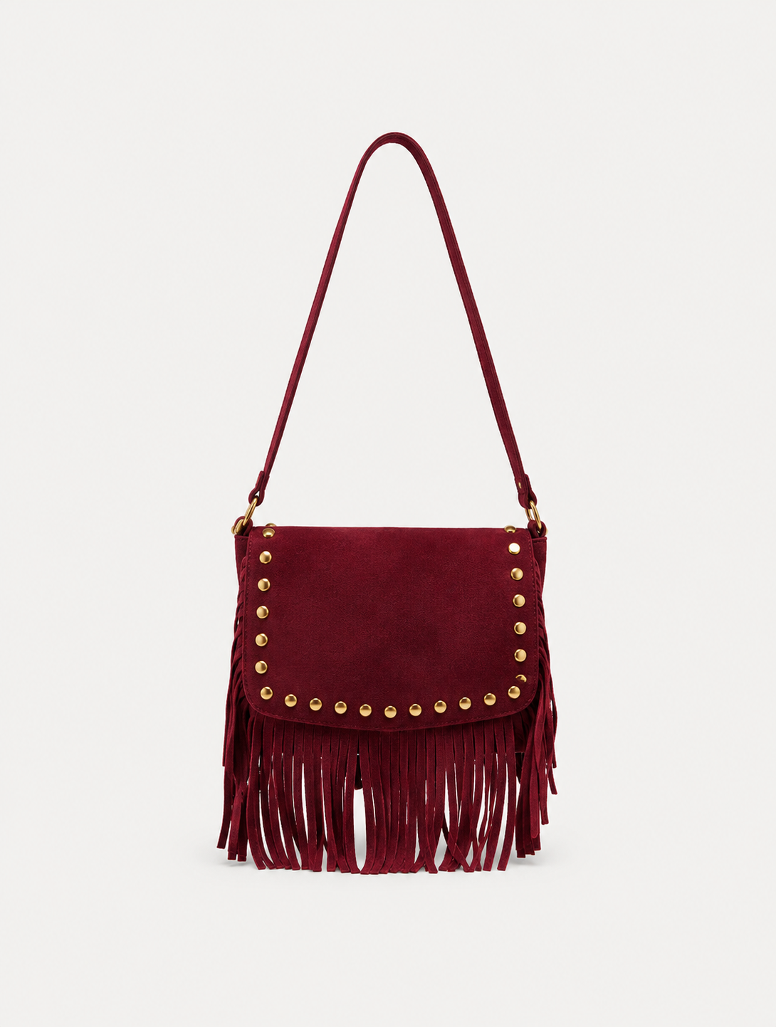 Bolsa bordô com tachas e franjas