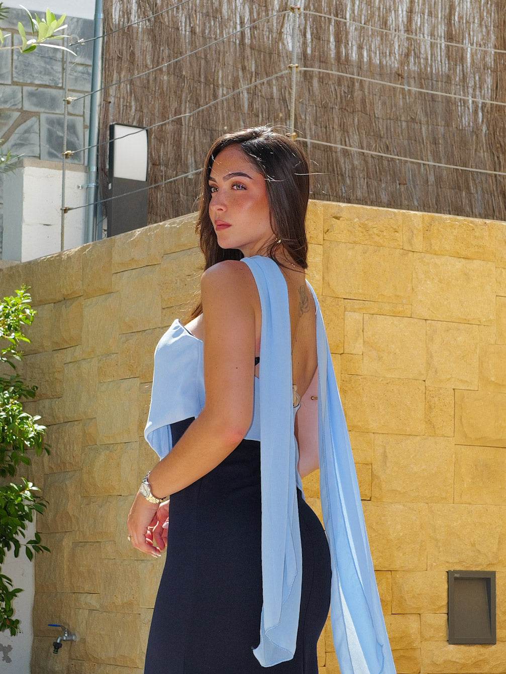 Vestido palabra gasa asim bicolor marino