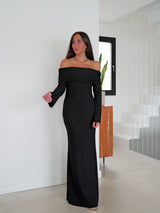 Vestido largo bardot lurex negro