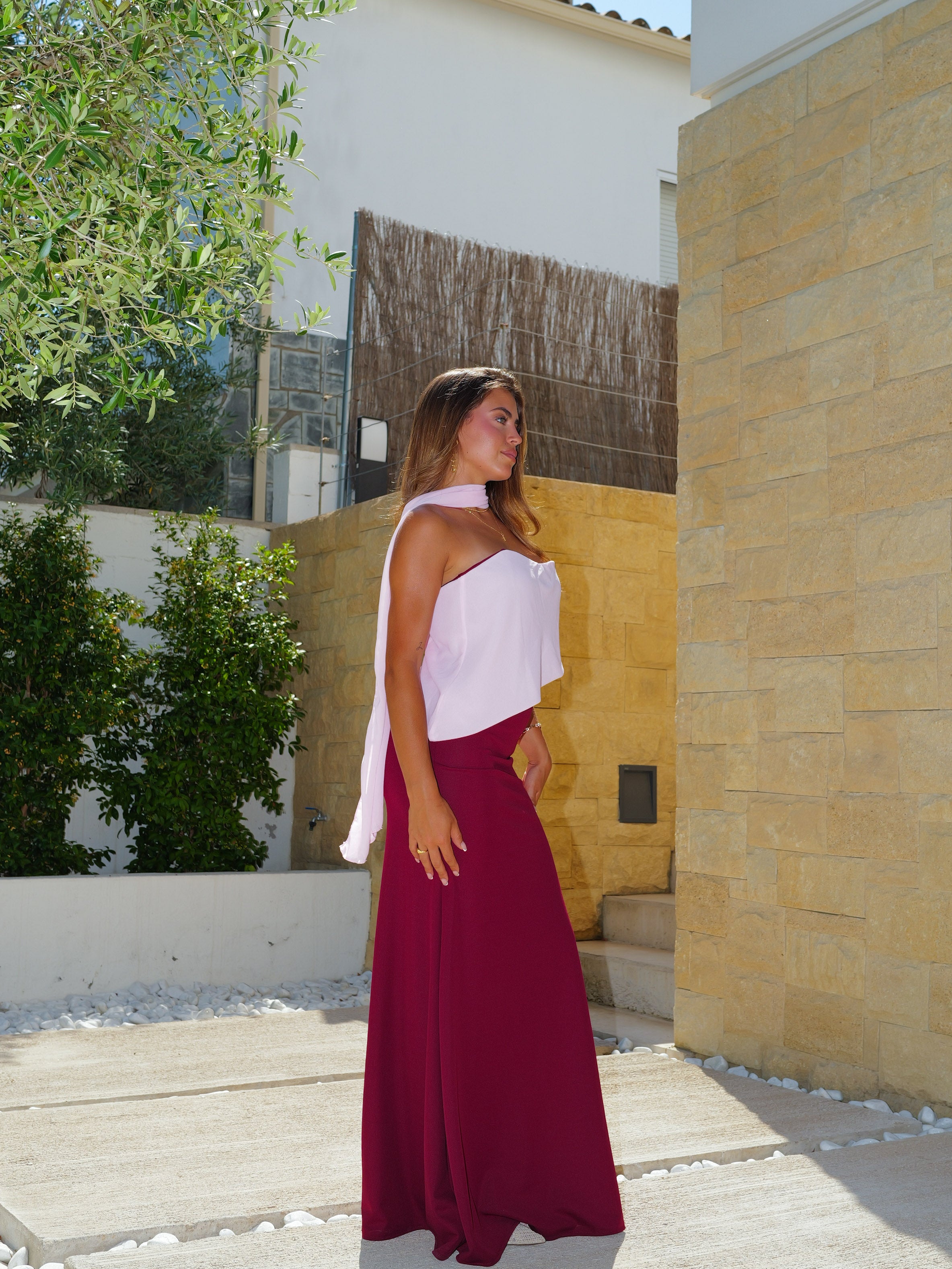 Vestido palabra gasa asim bicolor burdeos
