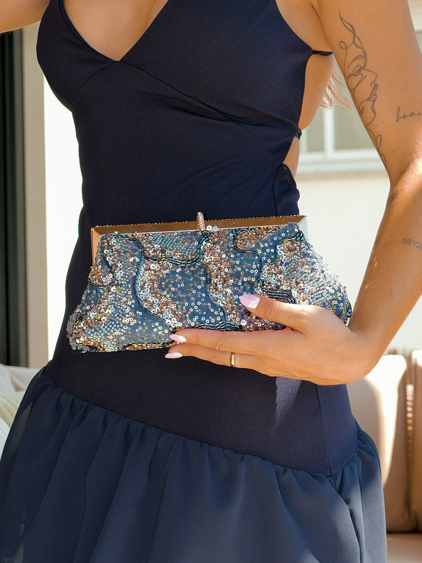 Clutch bombonera lentejuelas marino