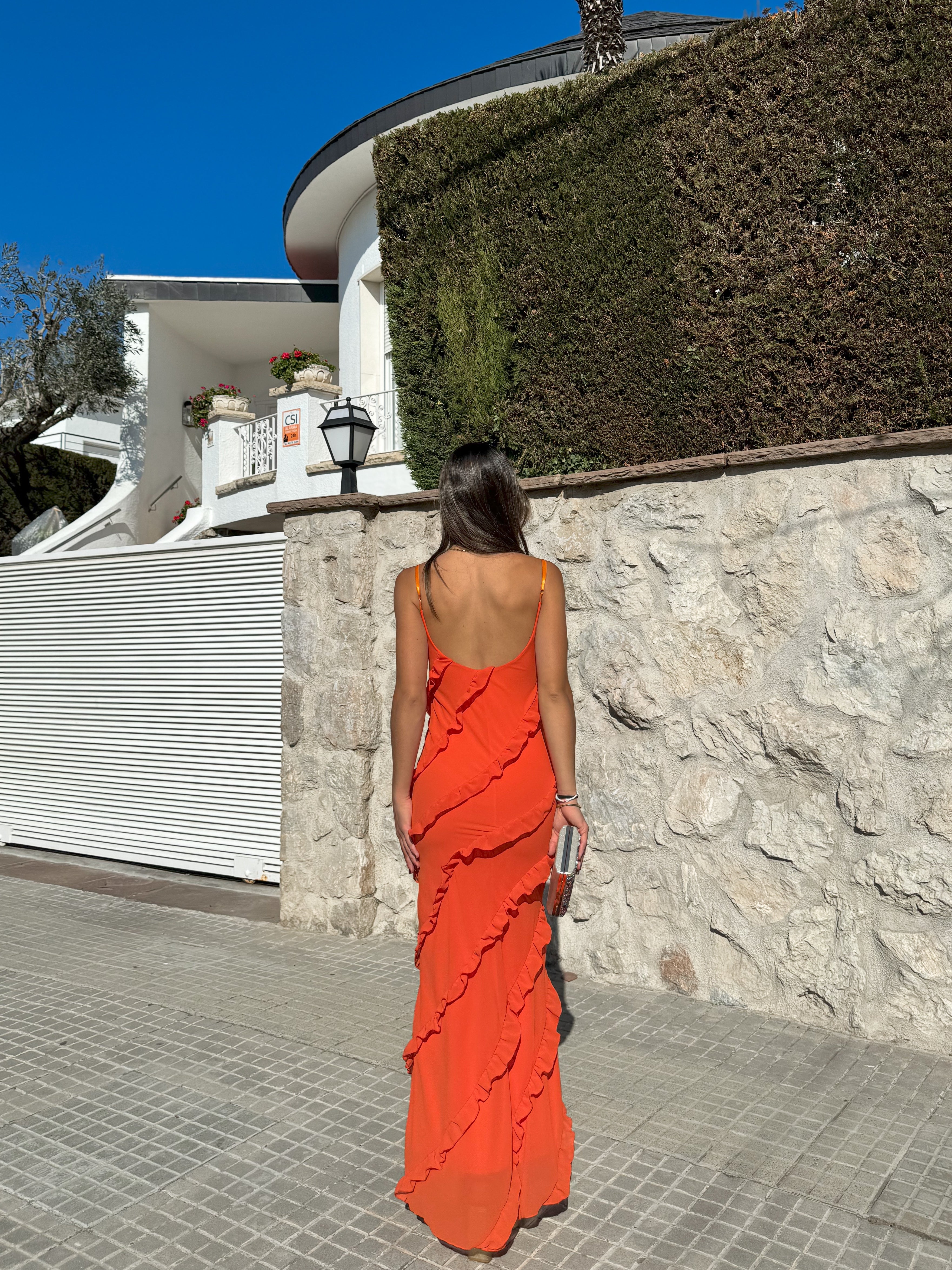 Vestido volantes crepe naranja