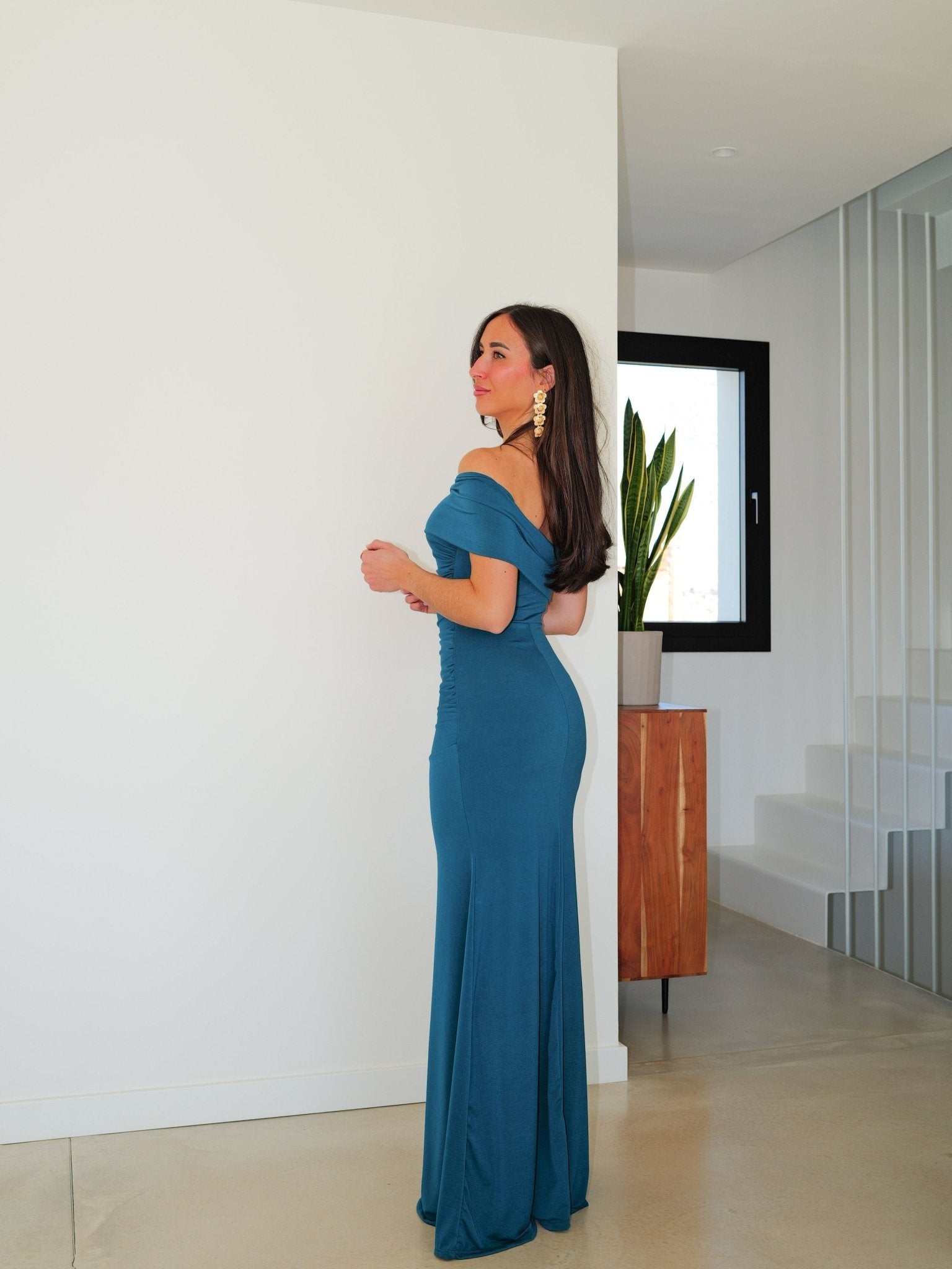 Robe à bretelles asymétriques froncées couleur pétrole - SORELLAS