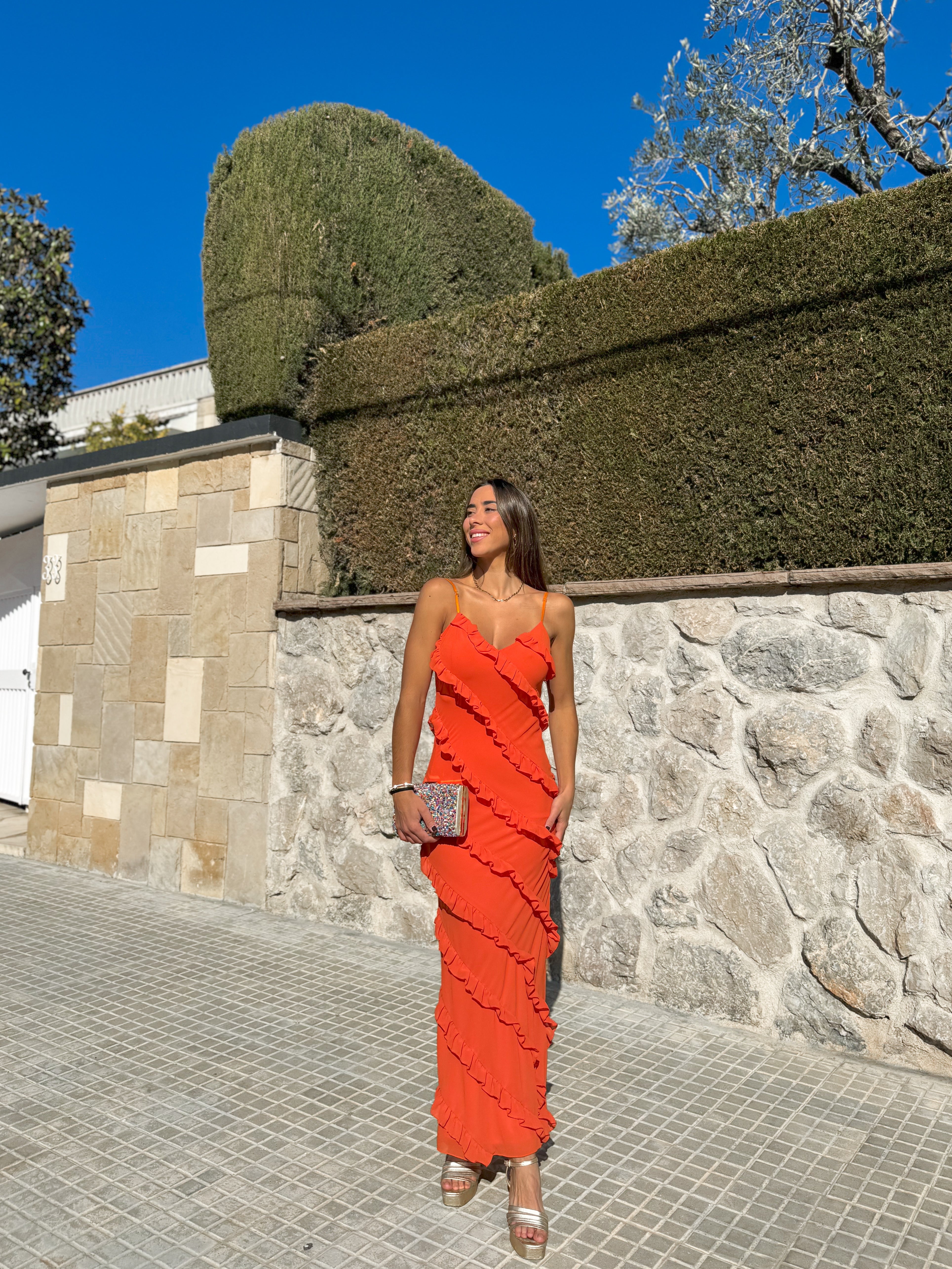 Vestido volantes crepe naranja