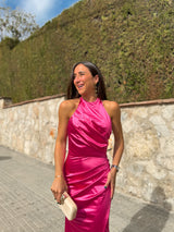 Vestido largo halter drapeado rosa