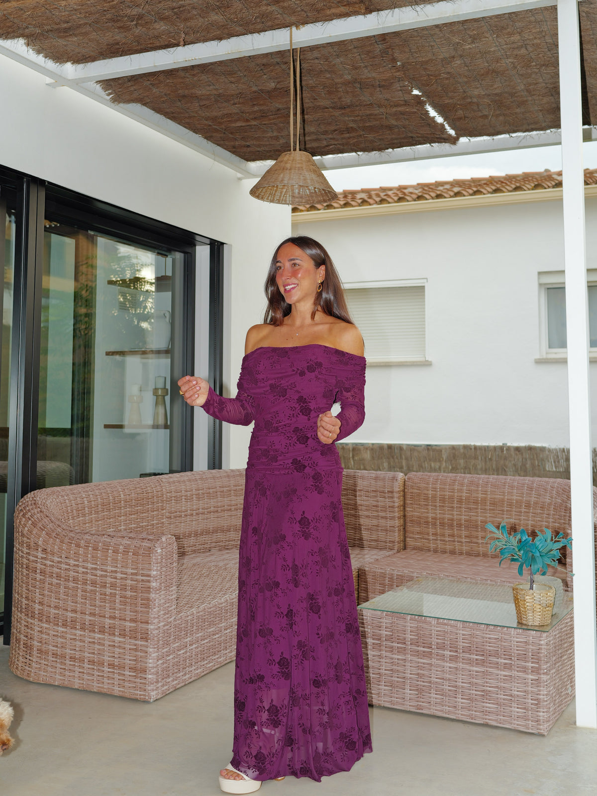 Vestido largo tulle estampado velvet burdeos