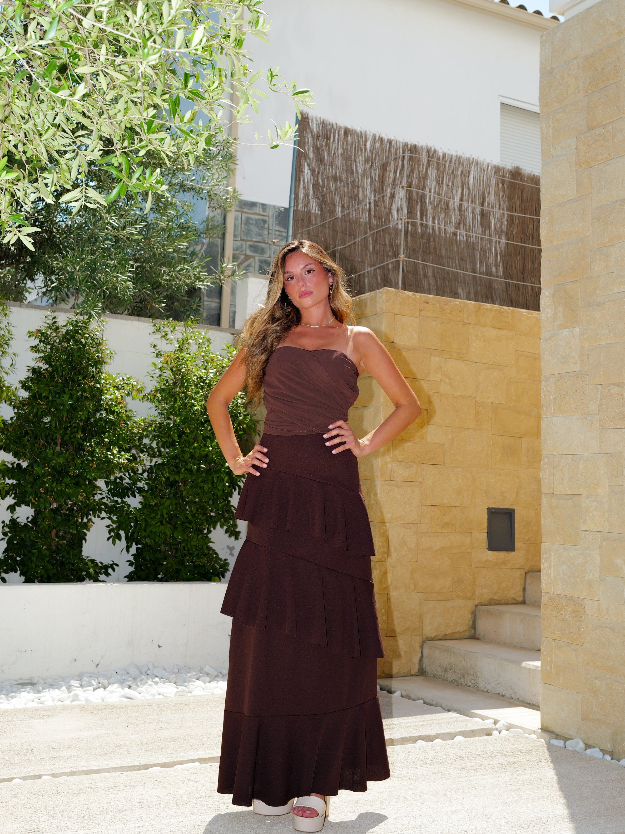 Chocolate-colored dress with asymmetrical ruffles