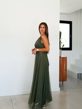 Vestido tulle pico caqui