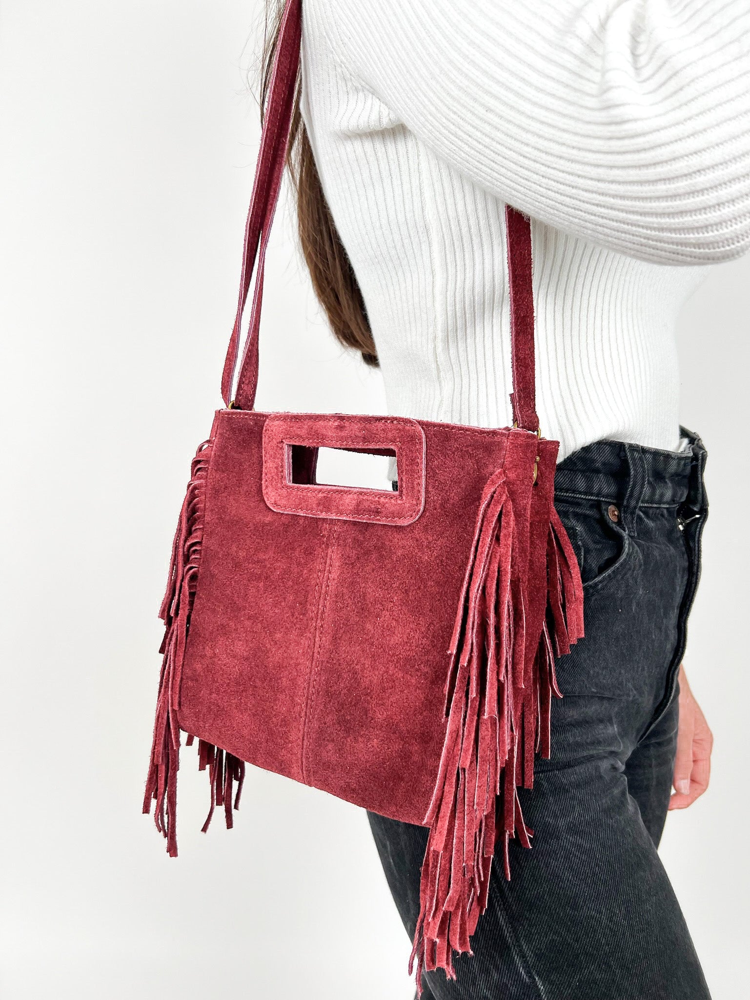 Bolso piel flecos burdeos