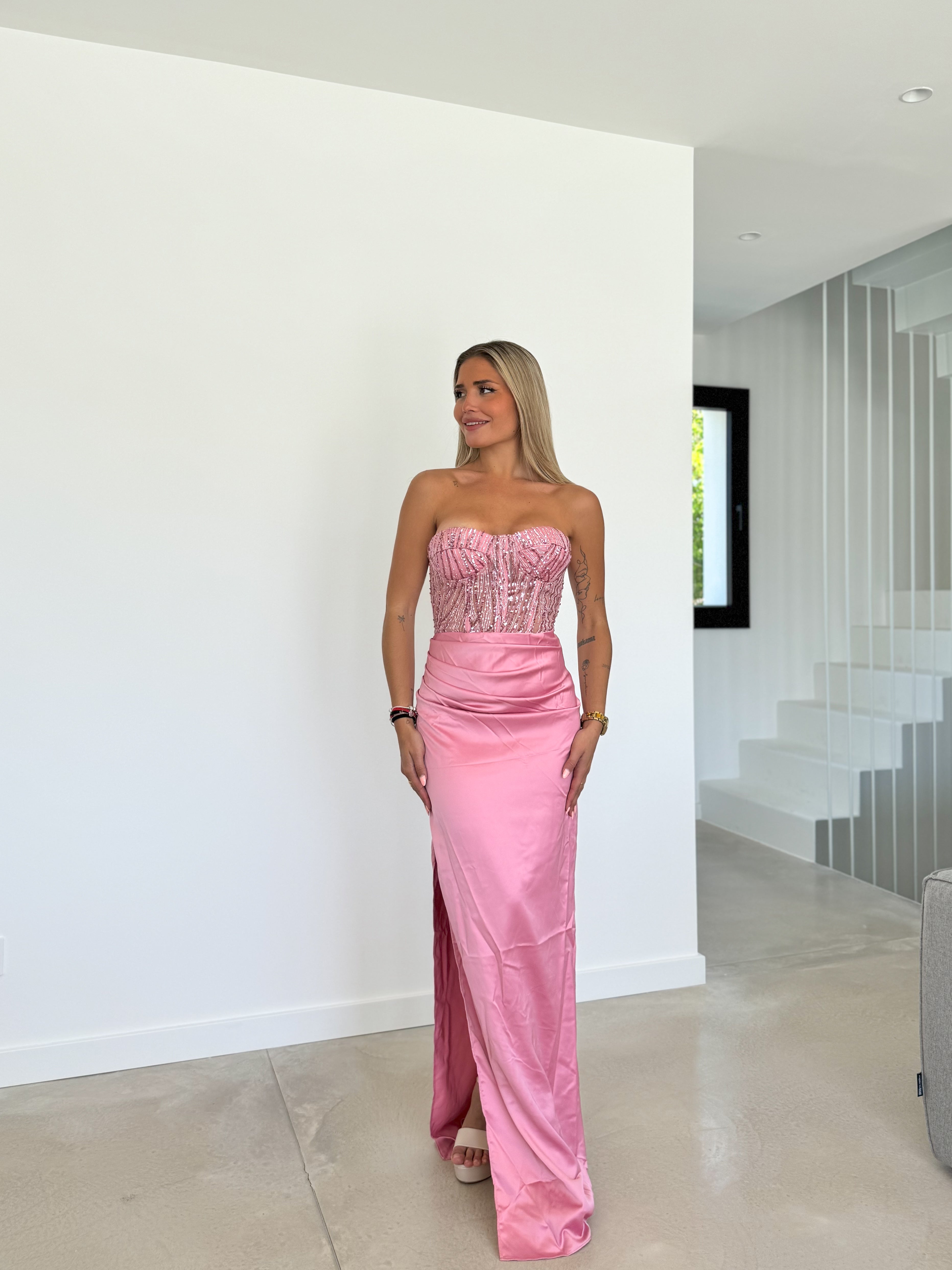 Vestido corse brillo saten rosa