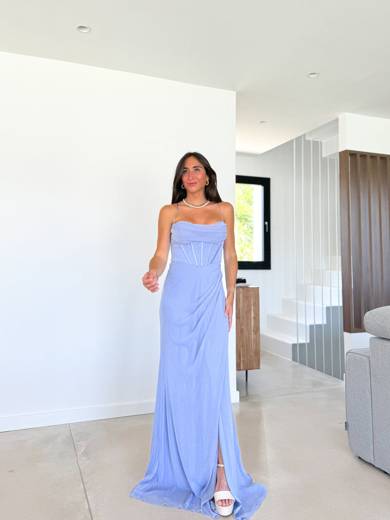 Vestido corse bandas lurex azul