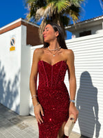 Vestido corse sirena glitter burdeos