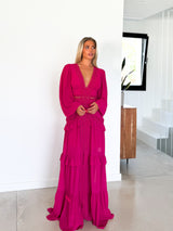 Vestido pico bordado fucsia