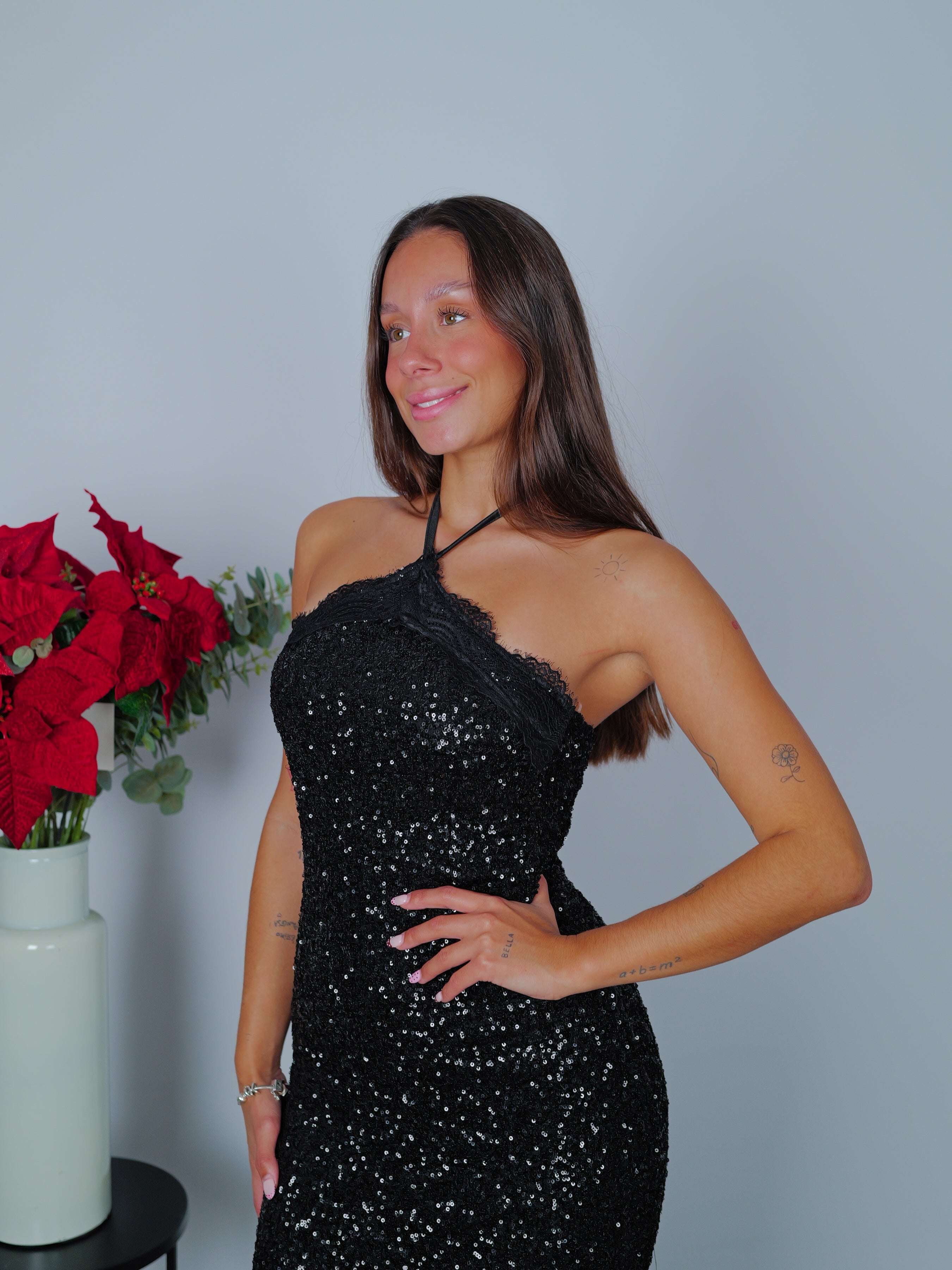 Vestido glitter largo halter negro