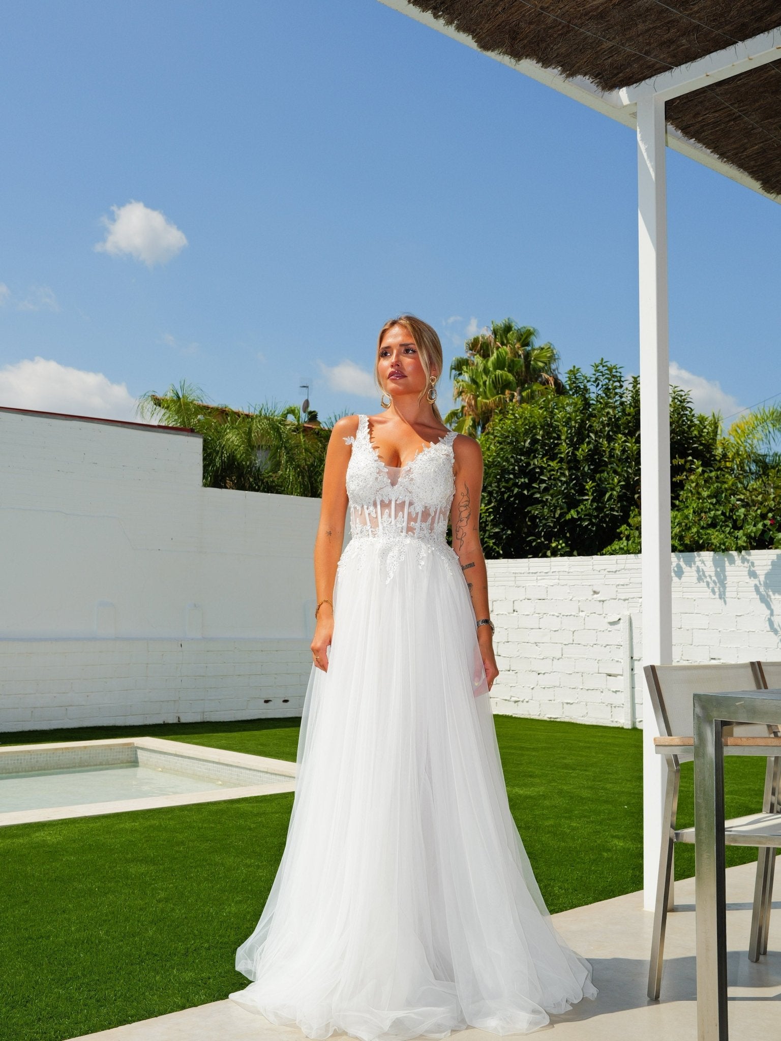 Vestido corsé pico tulle blanco - SORELLAS