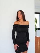 Vestido mini bardot frunce negro