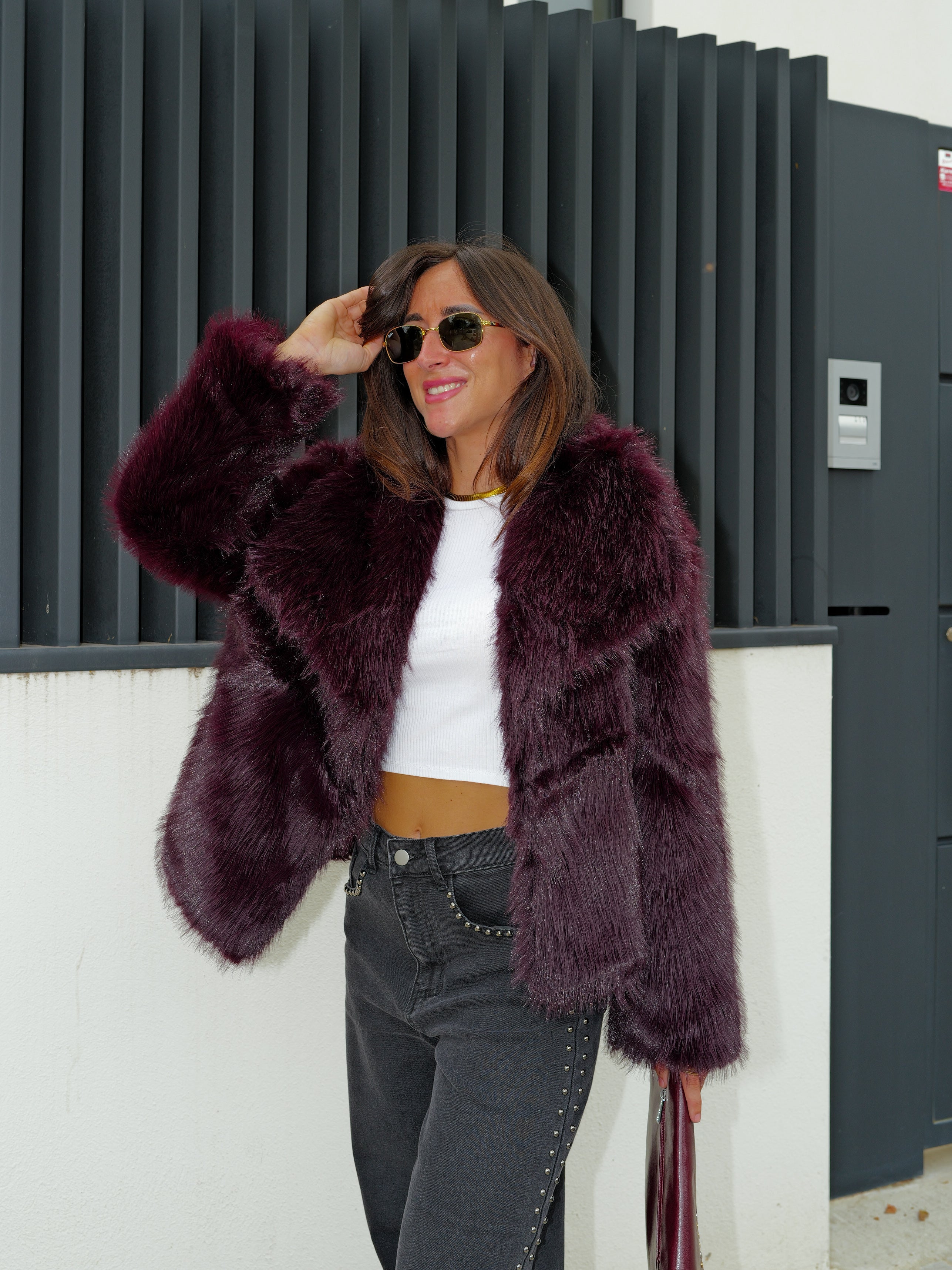 Chaqueta pelo solapa berenjena