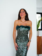 Vestido glitter largo plumas botella