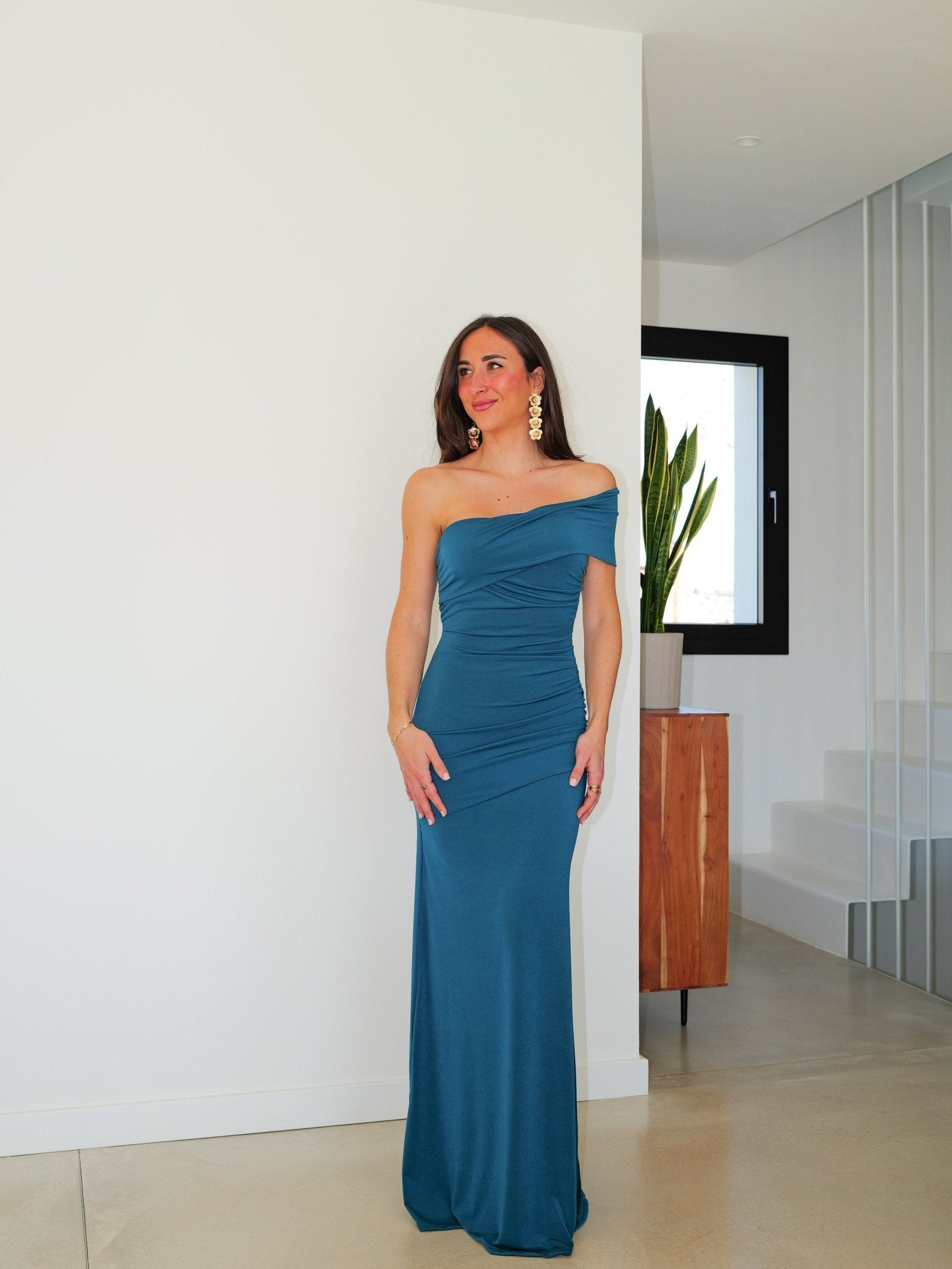 Robe à bretelles asymétriques froncées couleur pétrole - SORELLAS