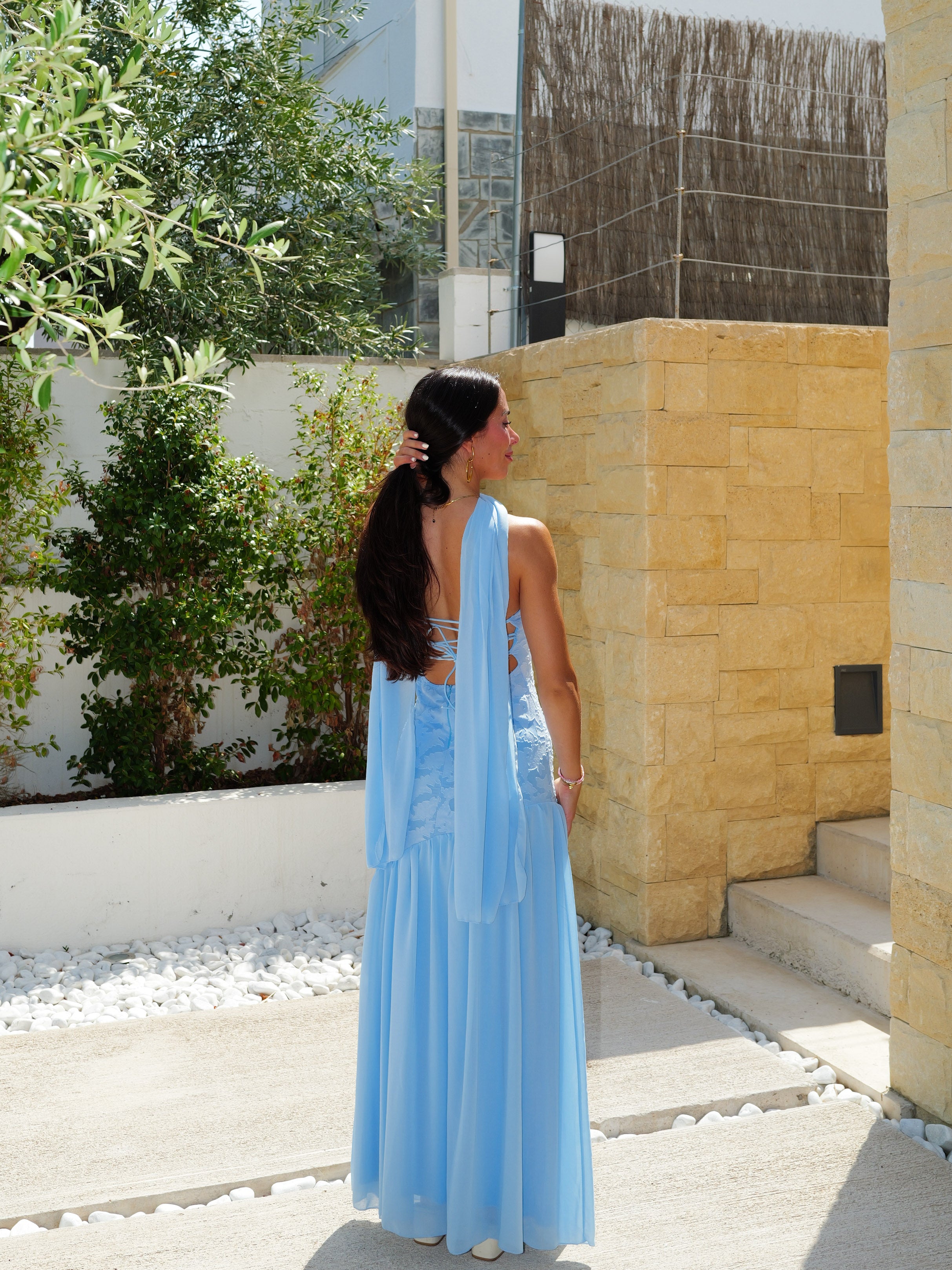 Vestido palabra asim textura celeste