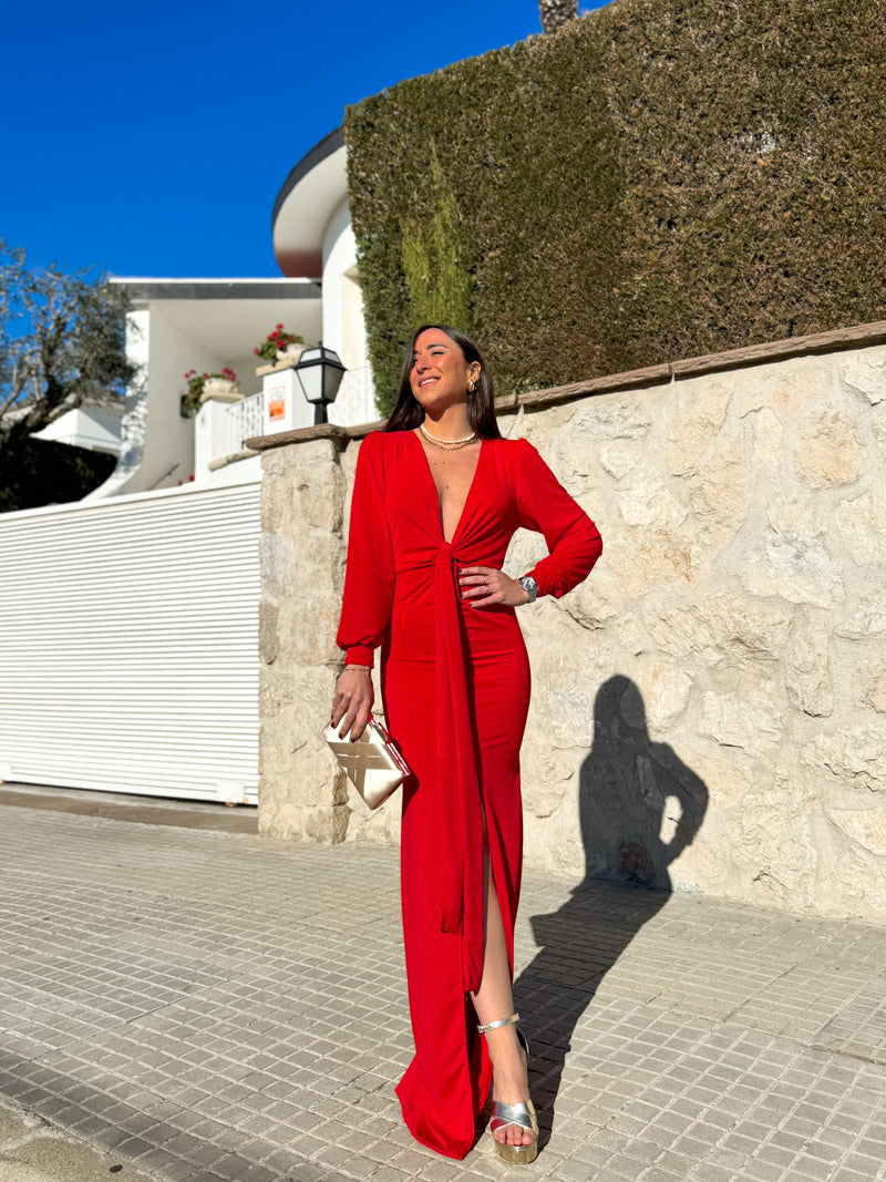 Vestido largo escote nudo rojo